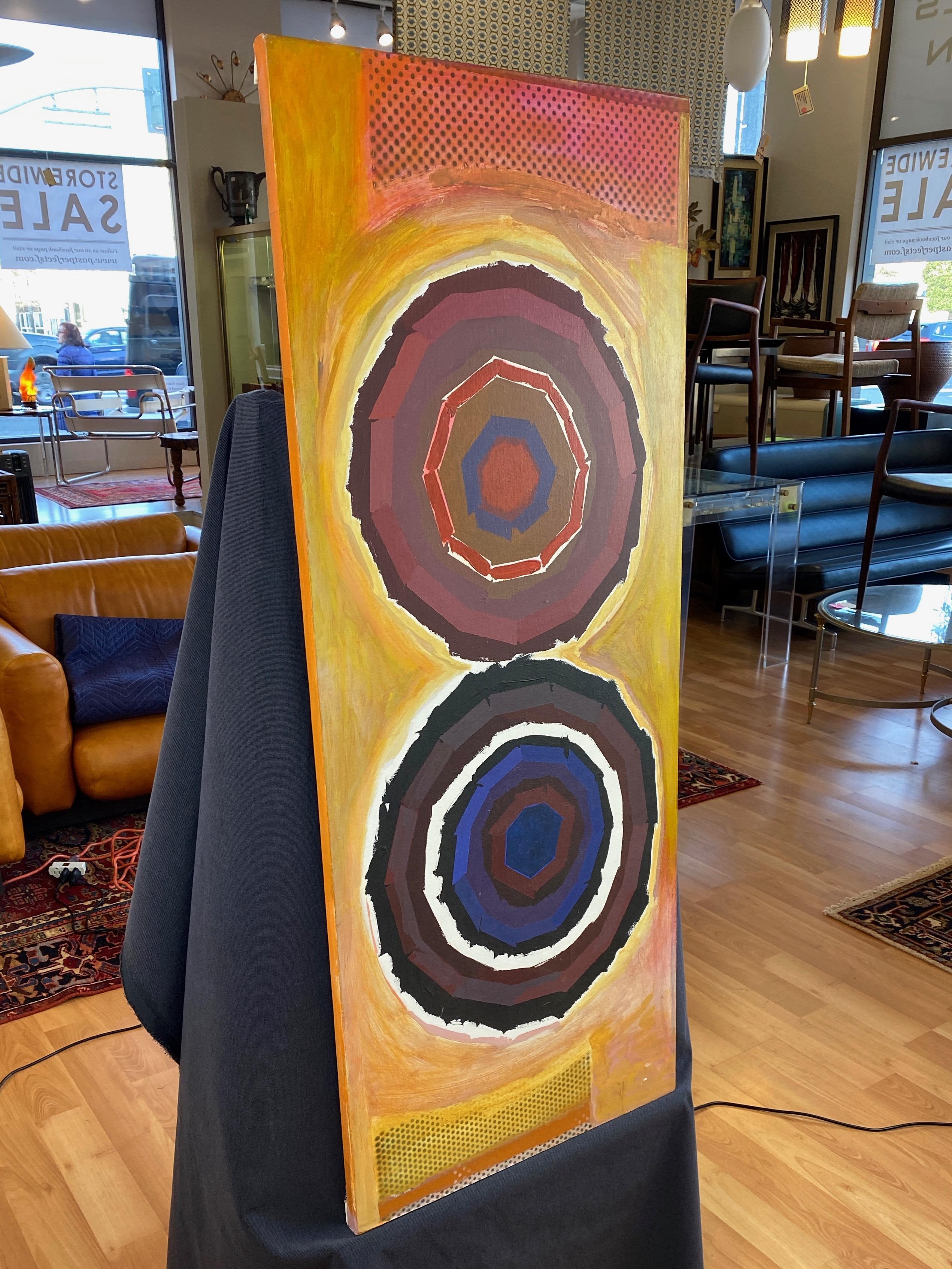 A four-foot-tall abstract expressionist mixed-media painting on canvas of concentric circles by important midcentury Boston-area artist Jack Wolfe (b. 1924-2007).

Like the majority of his work, this piece is bold, colorful, and impactful, though