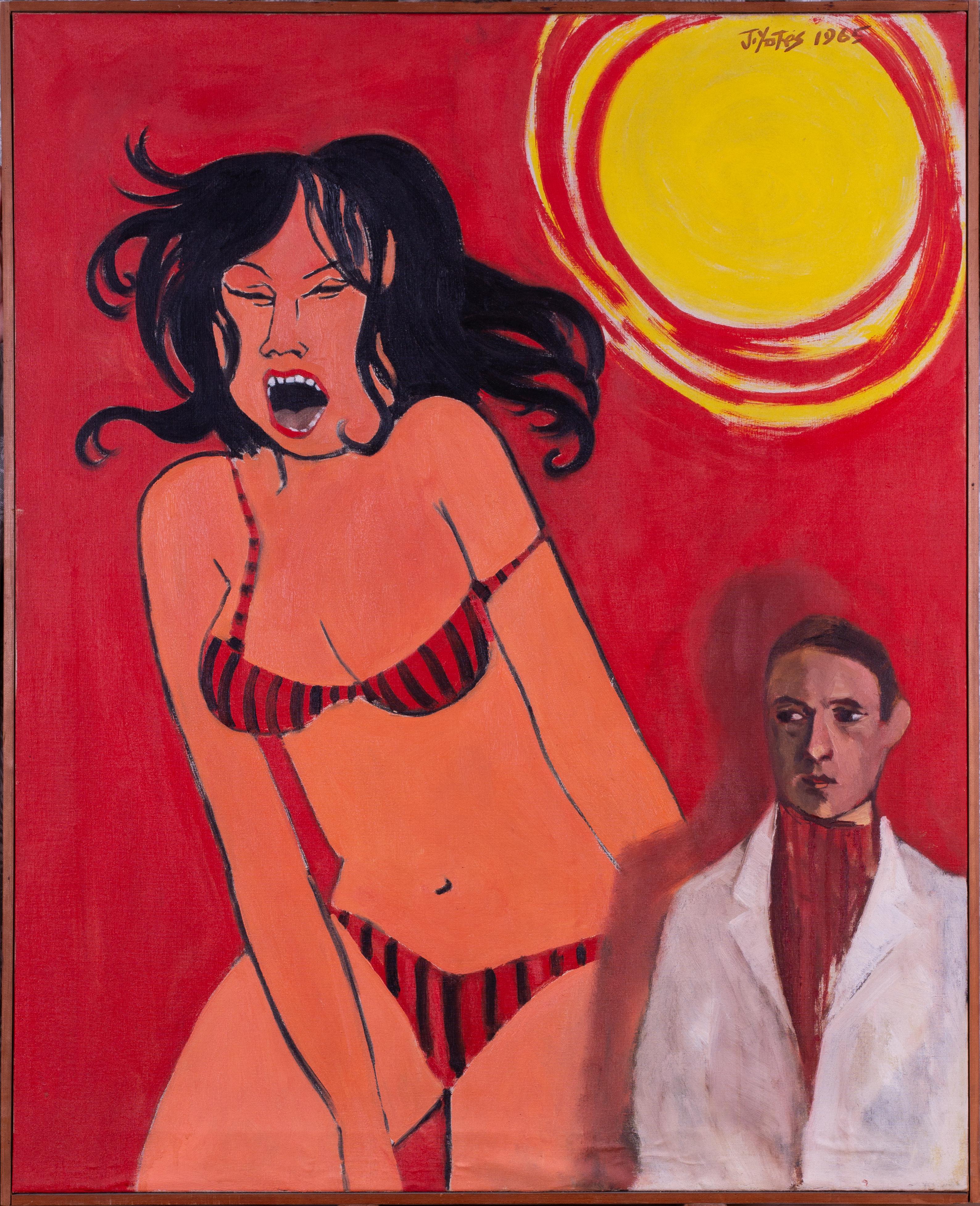 Jack Yates (British, 1923–2012)
Poster Man, 1965
Oil on canvas
Signed and dated J. Yates, 1965 (upper right); further inscribed, dated and titled on the reverse
Canvas: 39 3/4 x 31 7/8 in. (101 x 81 cm.)

Painted in 1965, Poster Man captures the