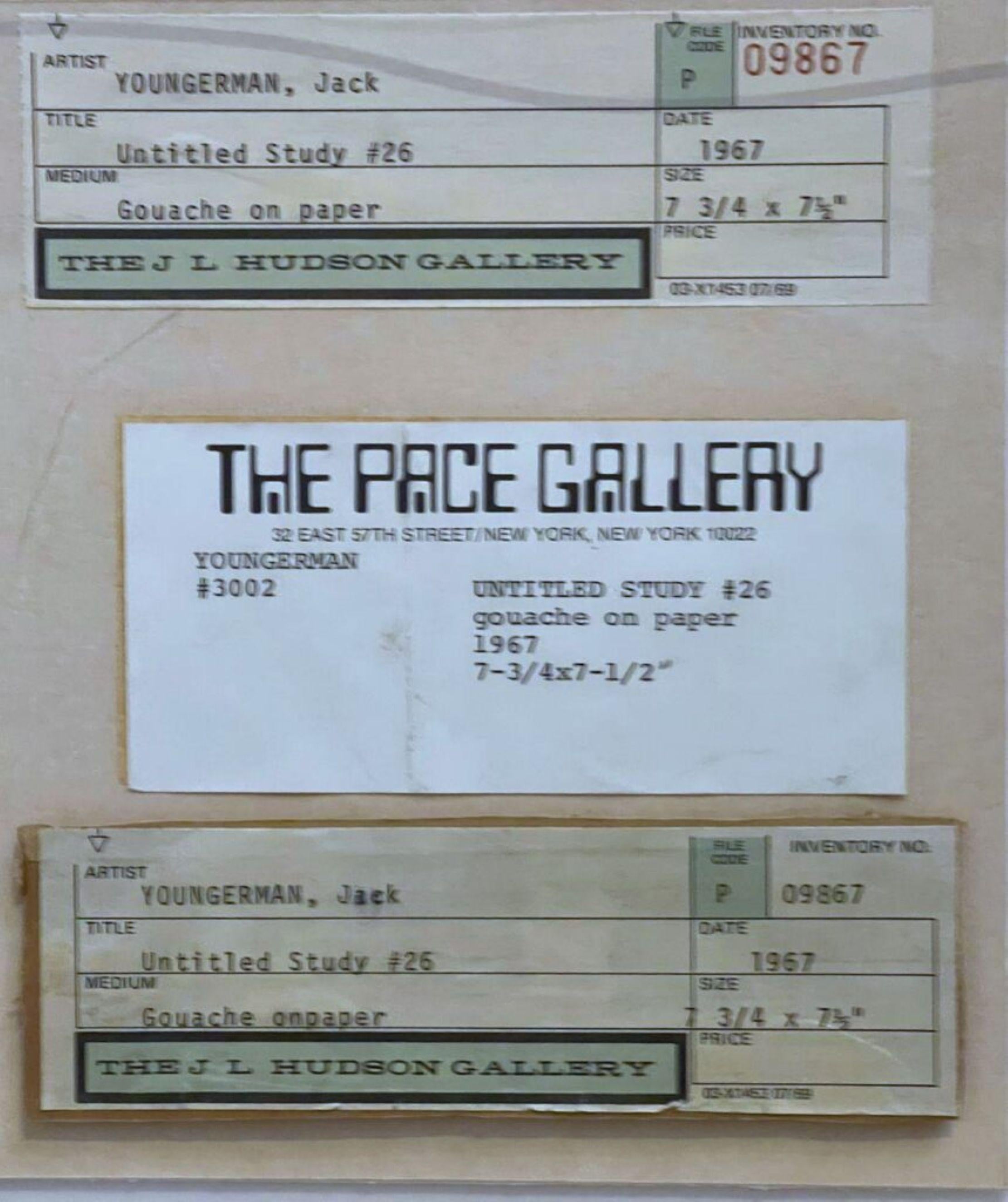 Jack Youngerman
Studio senza titolo #26, 1967
Pittura a guazzo su carta (con etichette originali di JL Hudson e PACE Gallery)
Firmato a mano e datato '67 sul fronte; J.L.A. Label della Hudson Gallery sul verso. 
Un'opera unica di espressionismo