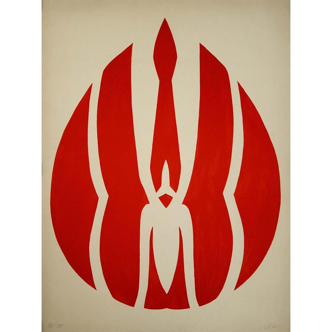 La litografía original de 1966 titulada "Composition rouge et blanc", de Jack Youngerman, es un sorprendente ejemplo del arte abstracto de mediados del siglo XX. Esta obra, con el monograma "Y" del artista y numerada 88 de una edición de 90,