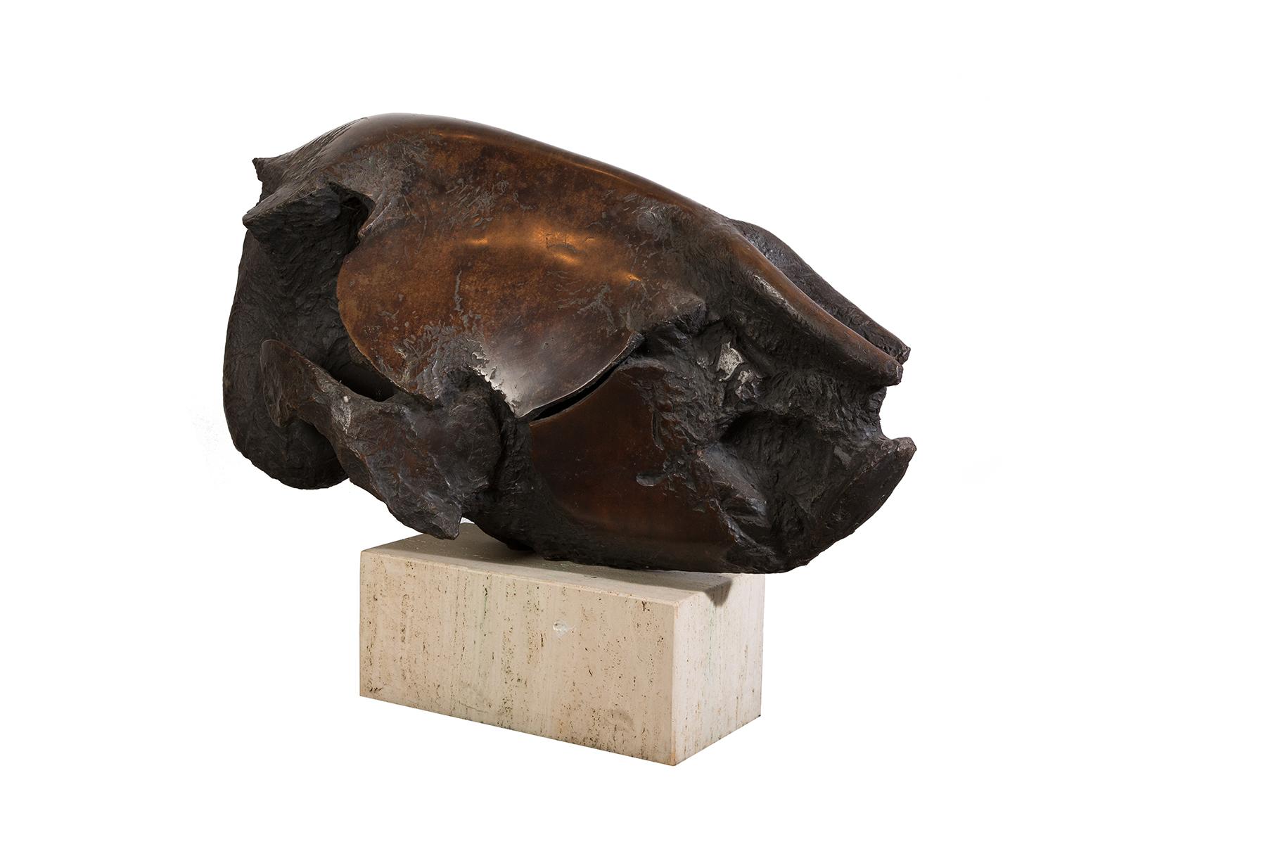 Giant scale bronze ram skull sculpture on limestone base by California artist Jack Zajac.

West-coast based modernist artist Jack Zajac (b. 1929) was best known for works that traversed styles ranging from Surrealism to biomorphism. This monumental