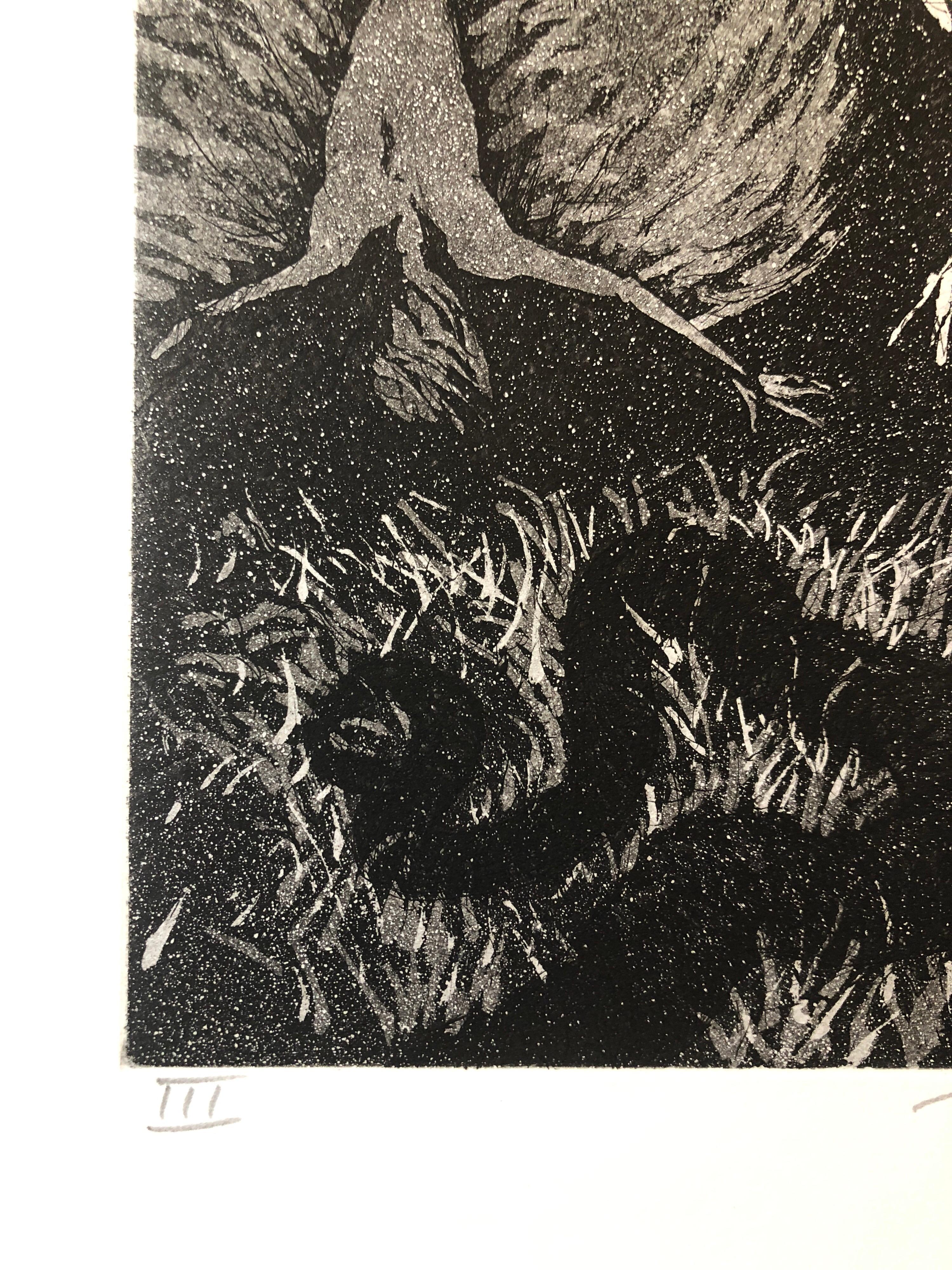 Jack Zajac, American, born 1929
1964 Etching and aquatint hand printed on Fabriano paper, pencil signed and editioned.  
This one depicts winged angels.
Edition Roman Numeral III
Image: 12 9/16 x 8 5/8 in. (31.9 x 21.9 cm)
Sheet: 20 x 14 in. (50.8 x