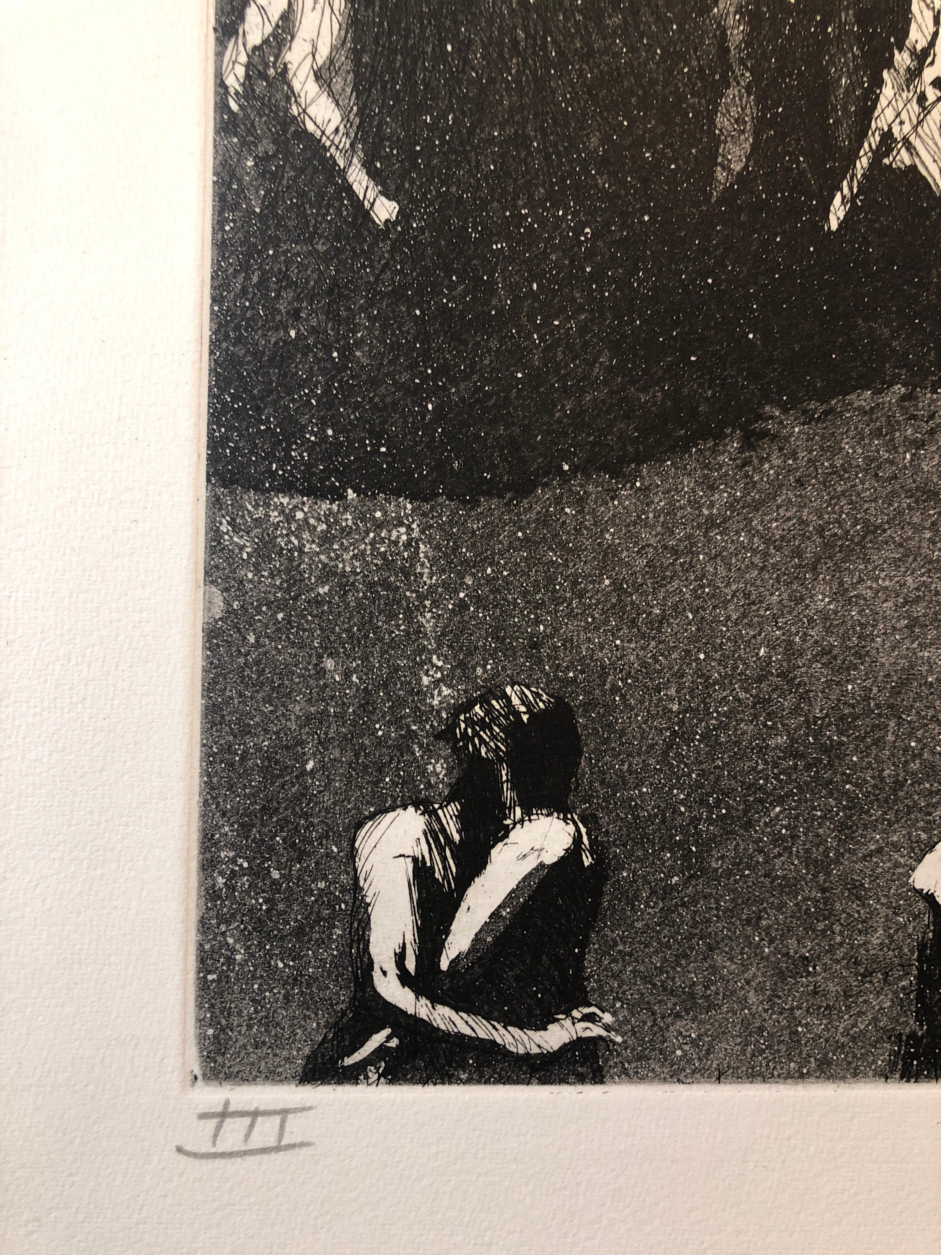 Jack Zajac, Amerikaner, geboren 1929
1964 Radierung und Aquatinta, handgedruckt auf Fabriano-Papier, mit Bleistift signiert und mit Auflage versehen. 
Ausgabe Römische Ziffer III
Bild: 12 9/16 x 8 5/8 in. (31,9 x 21,9 cm)
Blatt: 20 x 14 Zoll (50,8 x