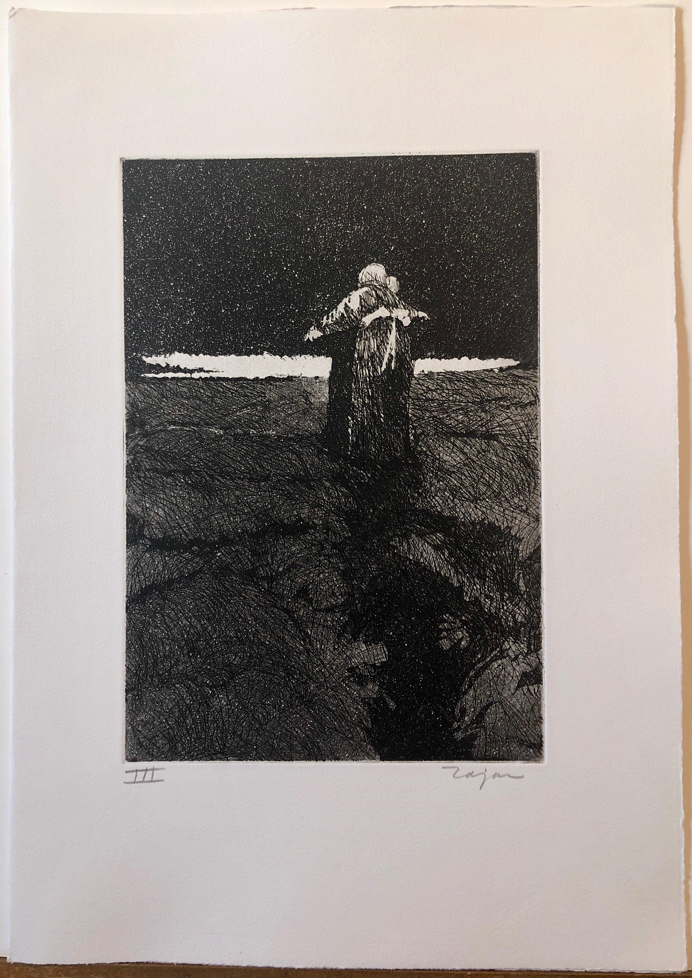 Jack Zajac, American, born 1929
1964 Etching and aquatint hand printed on Fabriano paper, pencil signed and editioned. 
This one depicts lovers embracing
Edition Roman Numeral III
Image: 12 9/16 x 8 5/8 in. (31.9 x 21.9 cm)
Sheet: 20 x 14 in. (50.8