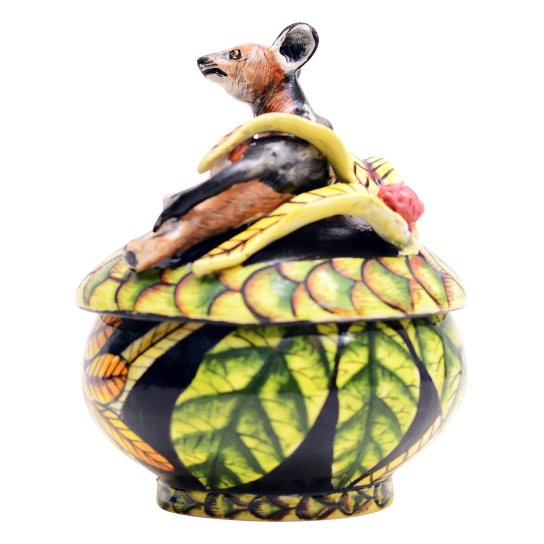 Jackal Novelty Box by Senzo Duma Ceramic Arts. Hand sculpted by Lefu Thebe and hand painted by Sindi in South Africa. Measuring 3 inches high 3 inches in length and 3 inches in width.