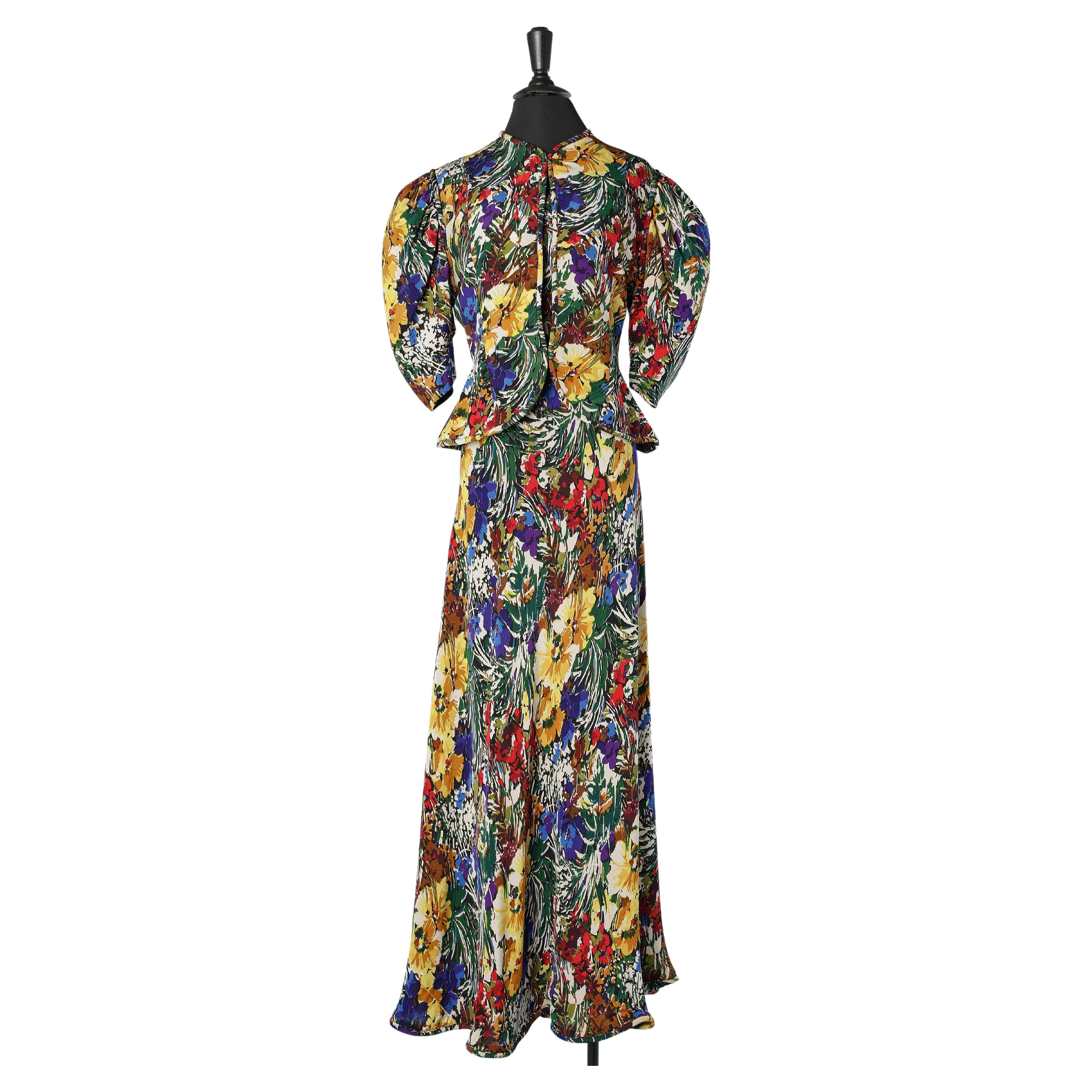 Jacket and evening dress in flowers printed crêpe Circa 1930's  For Sale
