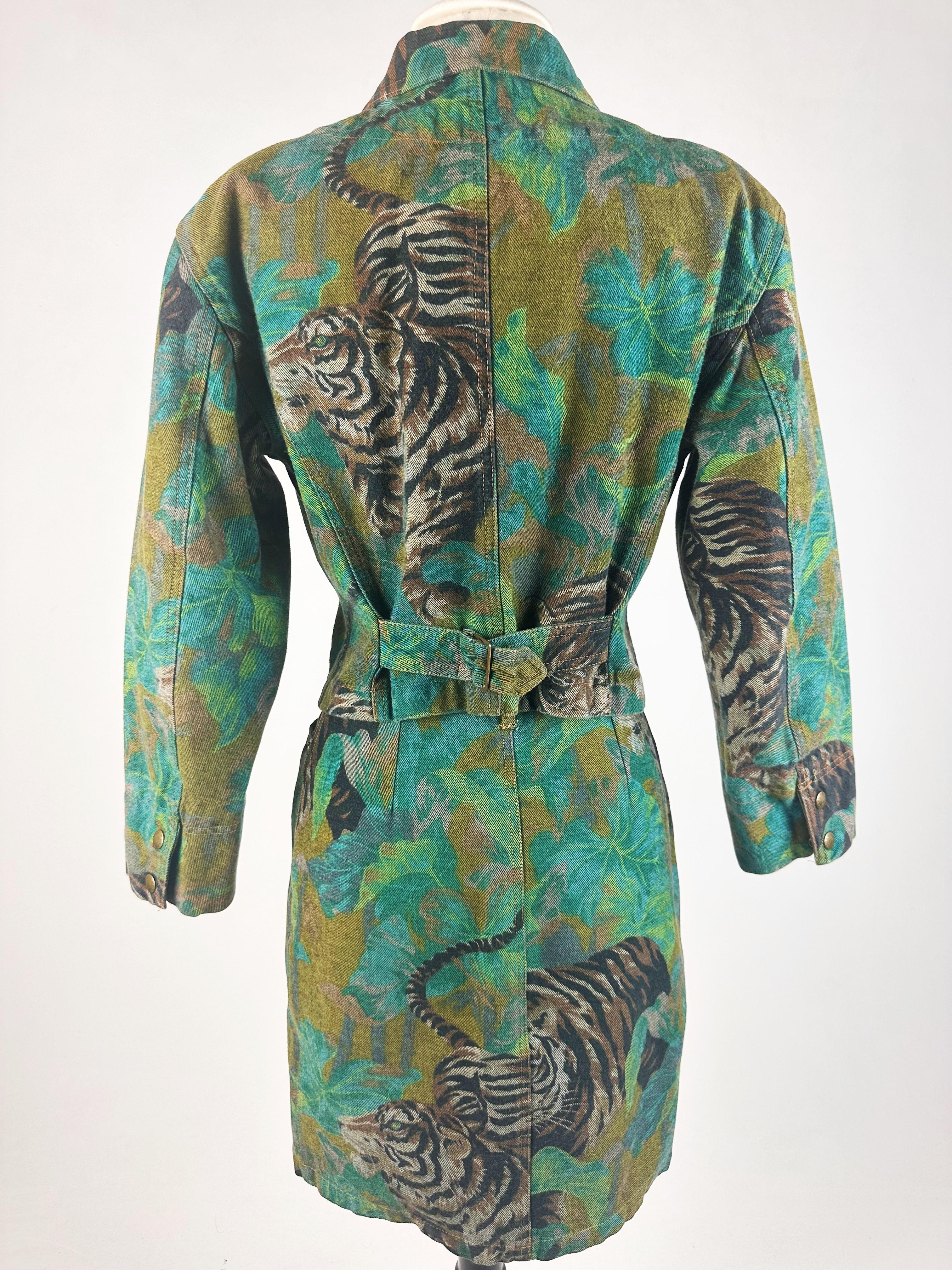 Jacket and Skirt by Kenzo Takada, Jungle & Tiger Print on Denim - French C. 1990 For Sale 6