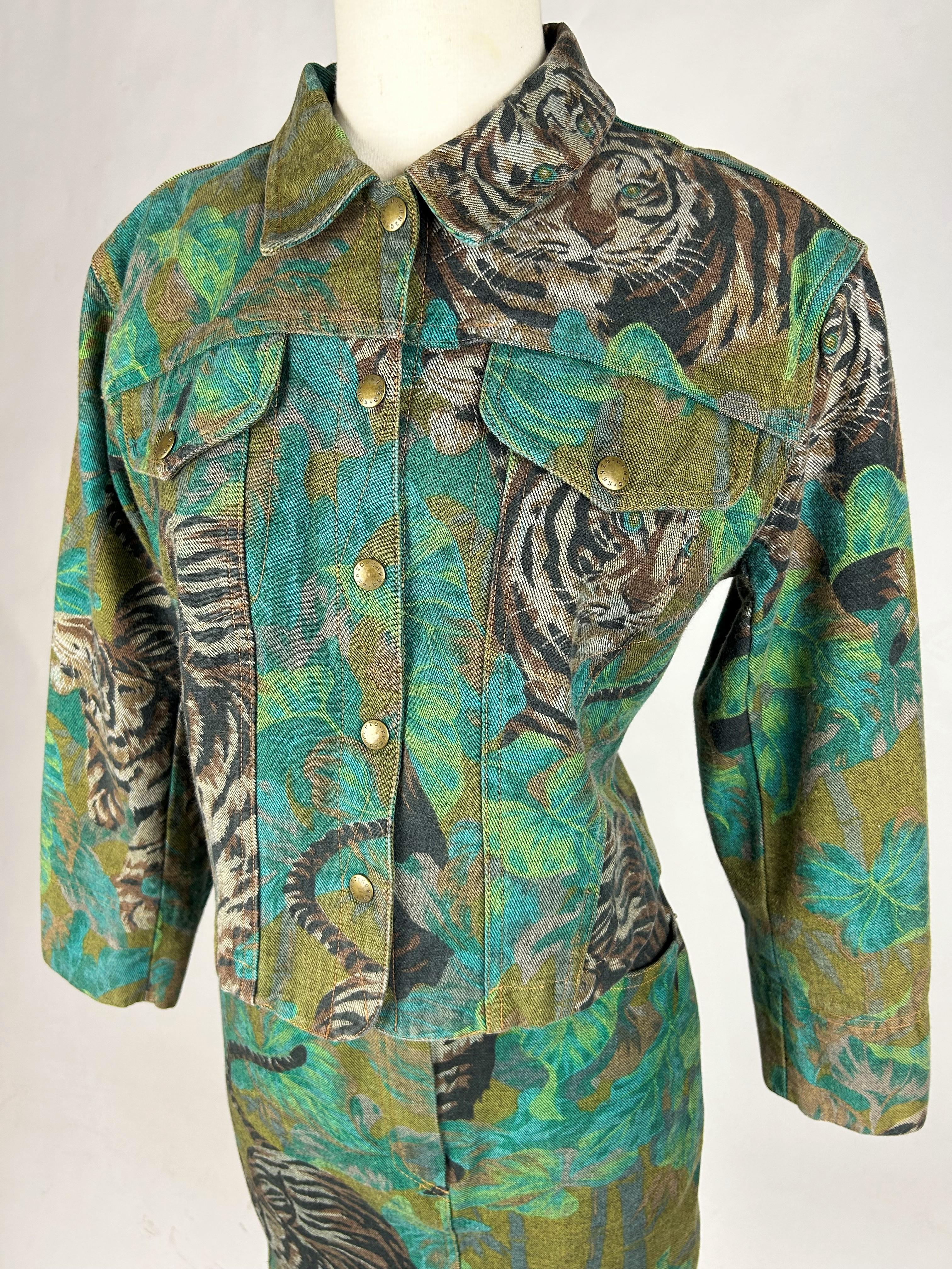 Jacket and Skirt by Kenzo Takada, Jungle & Tiger Print on Denim - French C. 1990 For Sale 7