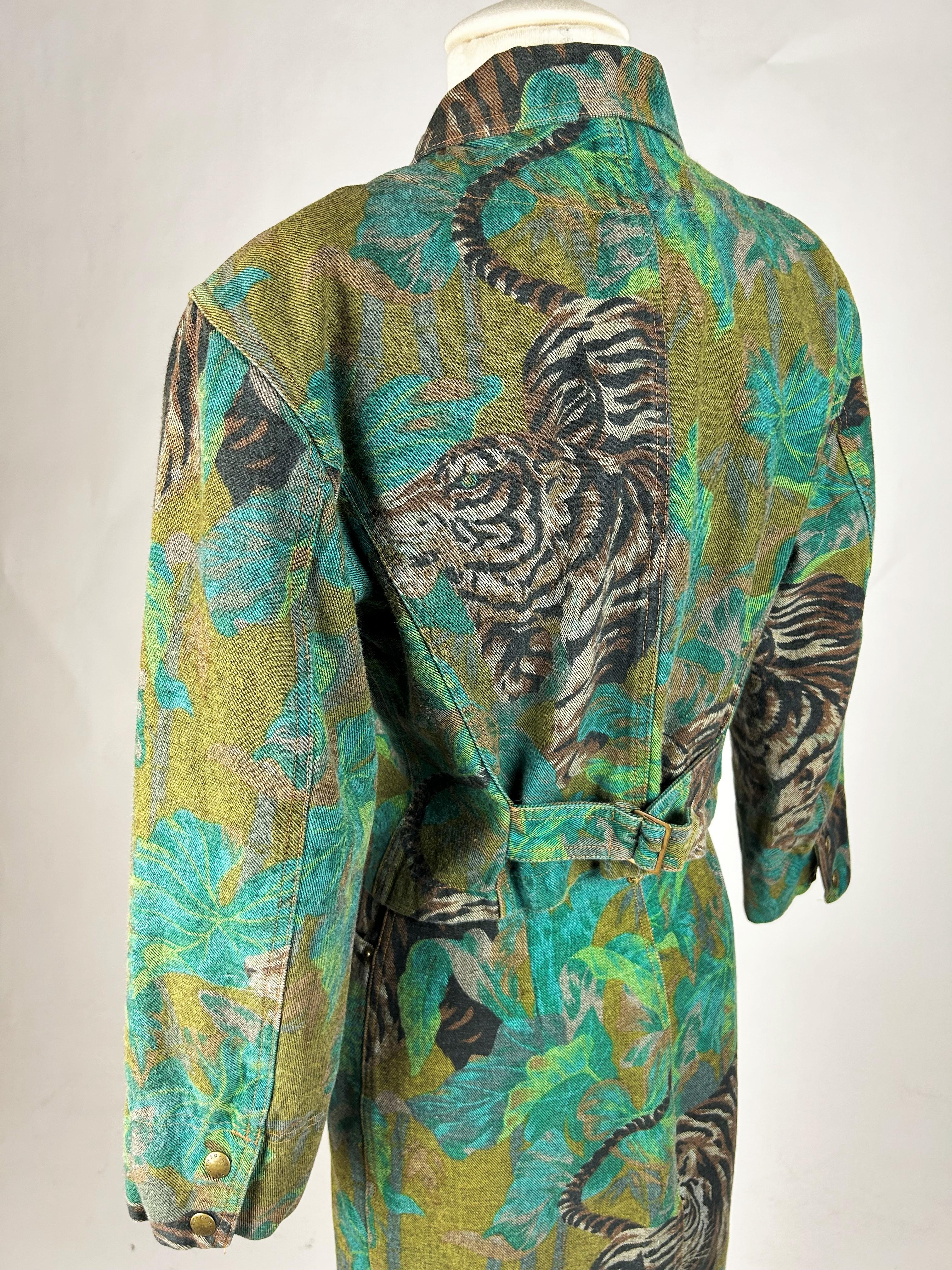 Jacket and Skirt by Kenzo Takada, Jungle & Tiger Print on Denim - French C. 1990 For Sale 8