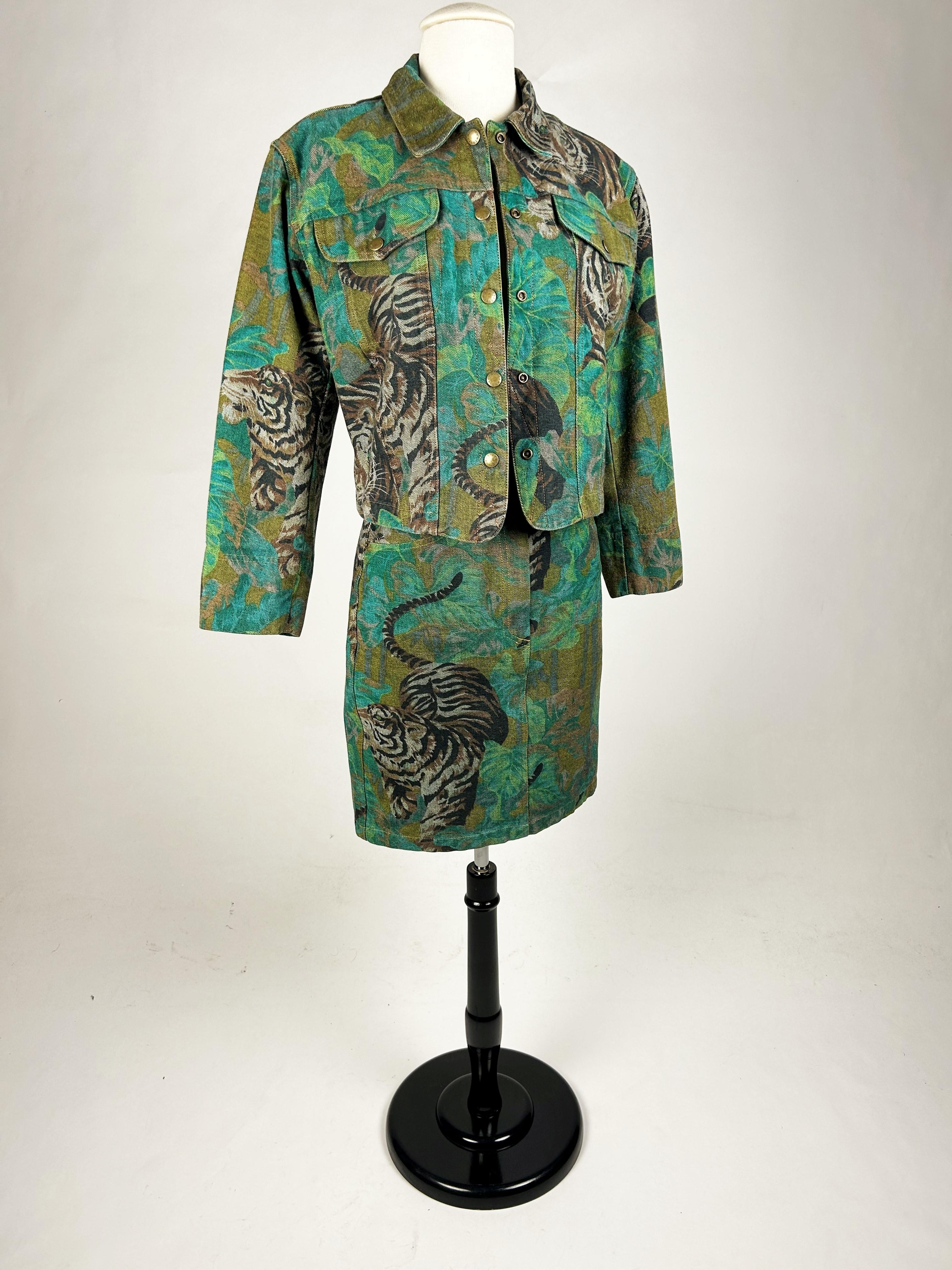 Jacket and Skirt by Kenzo Takada, Jungle & Tiger Print on Denim - French C. 1990 For Sale 9