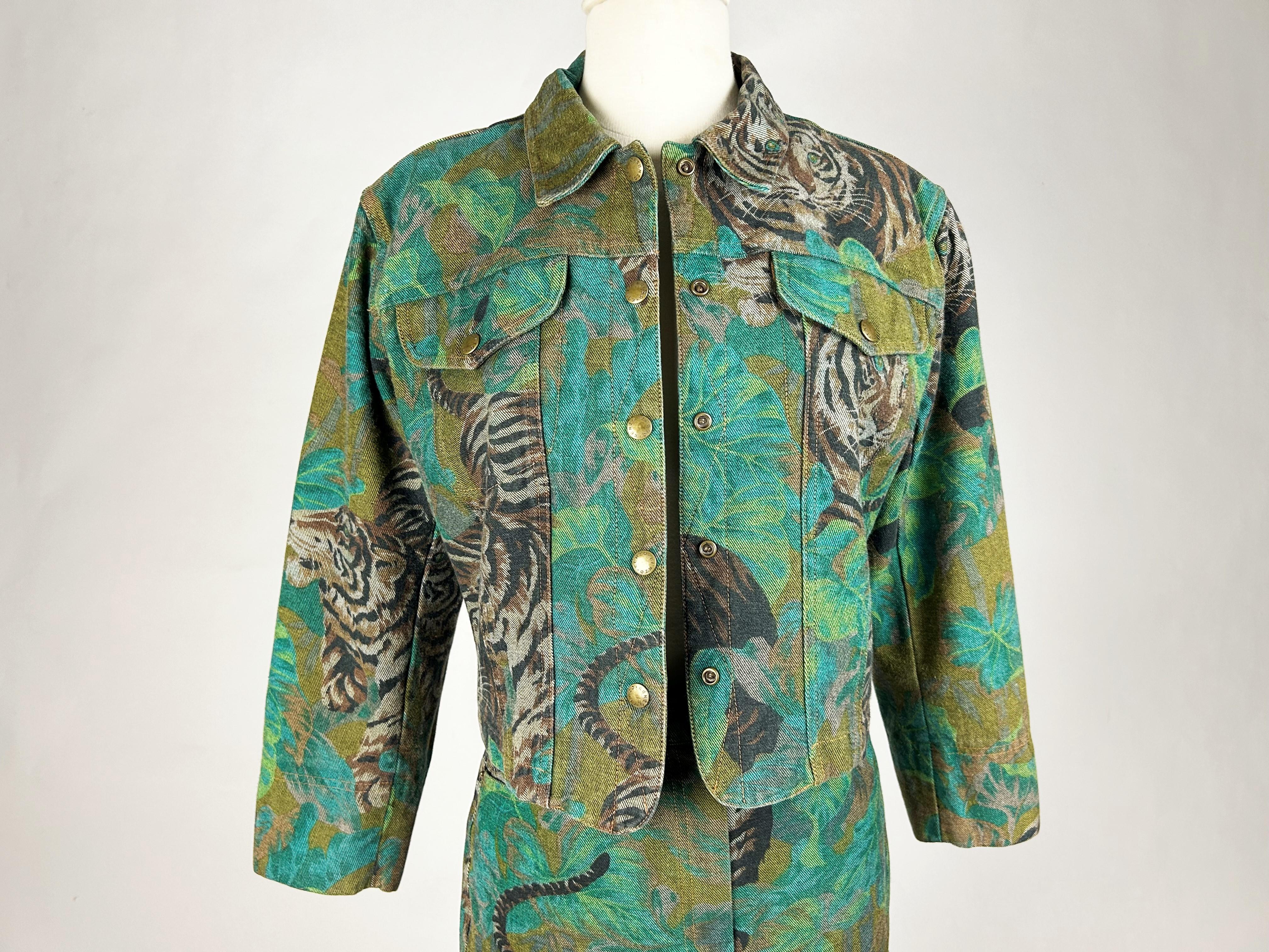 Jacket and Skirt by Kenzo Takada, Jungle & Tiger Print on Denim - French C. 1990 For Sale 10