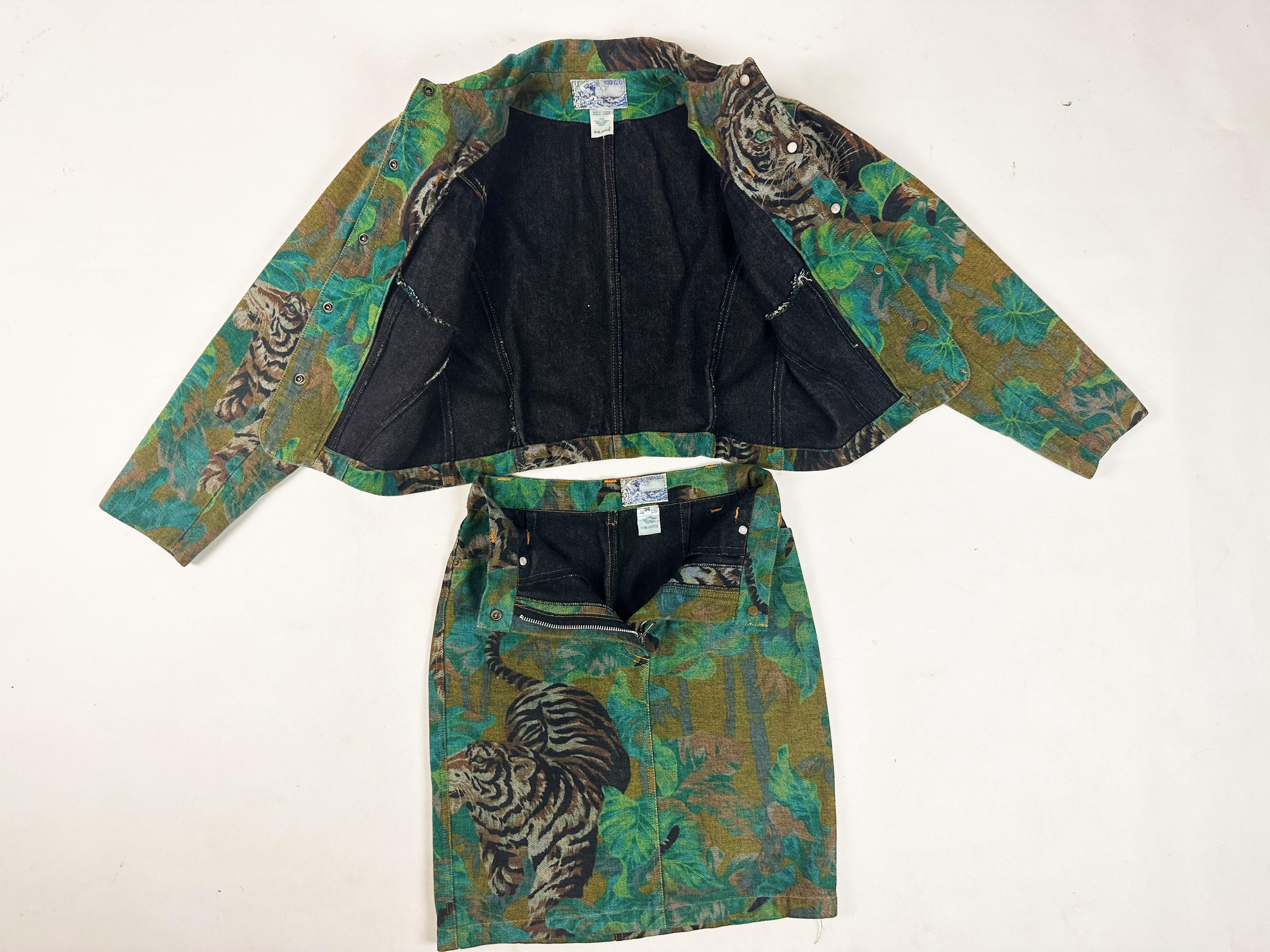 Jacket and Skirt by Kenzo Takada, Jungle & Tiger Print on Denim - French C. 1990 For Sale 11