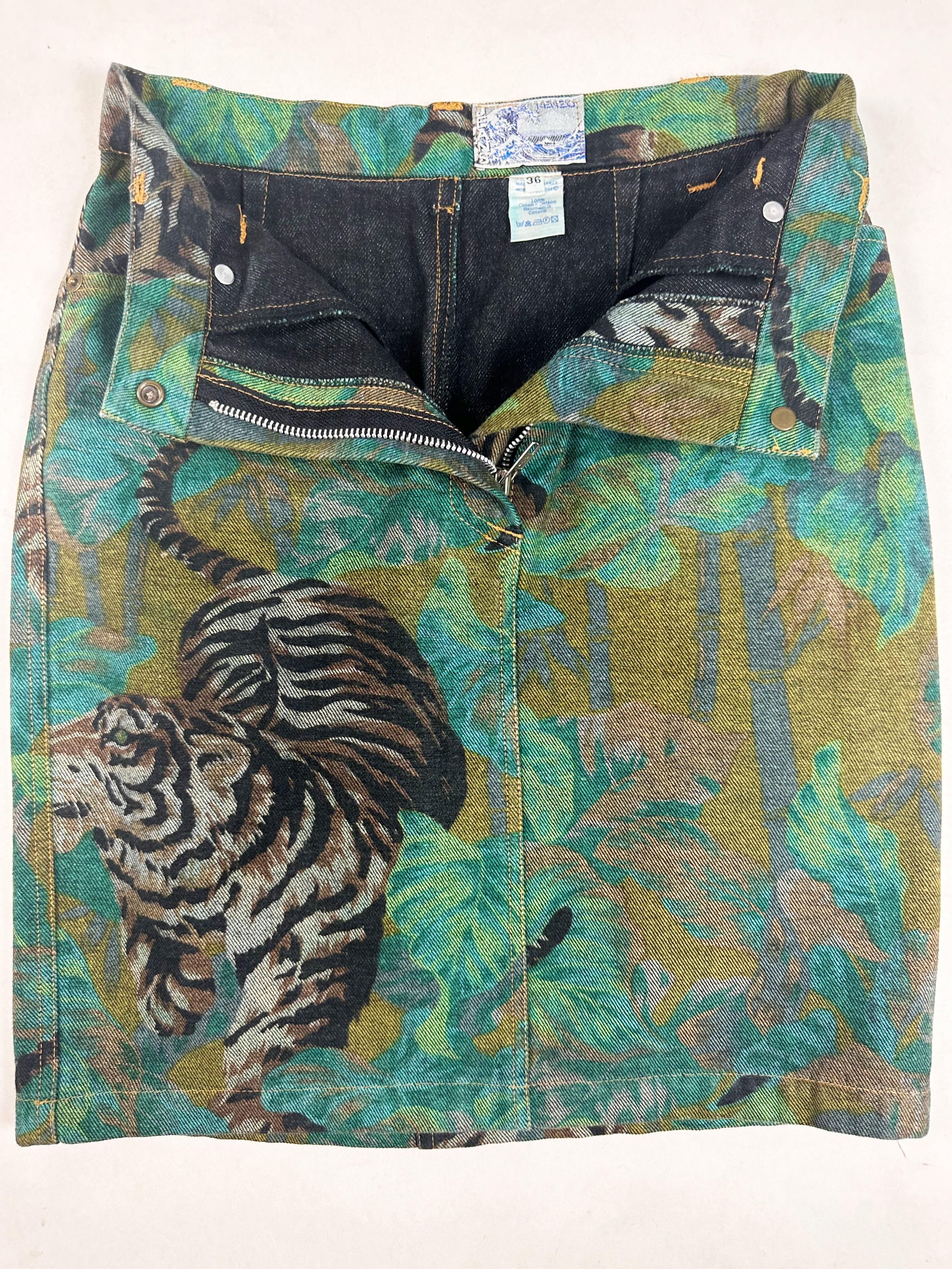 Jacket and Skirt by Kenzo Takada, Jungle & Tiger Print on Denim - French C. 1990 For Sale 12