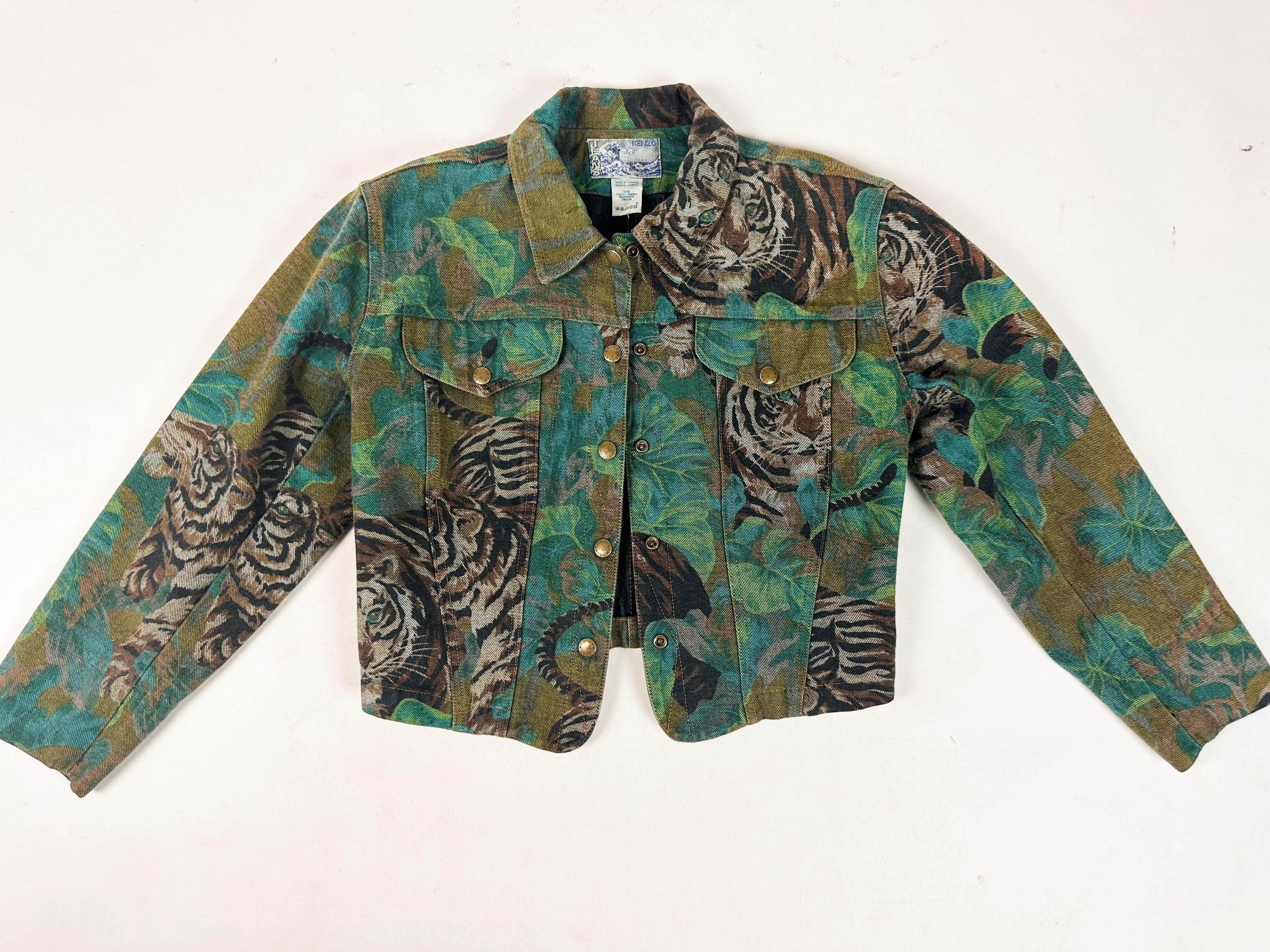 Jacket and Skirt by Kenzo Takada, Jungle & Tiger Print on Denim - French C. 1990 For Sale 13