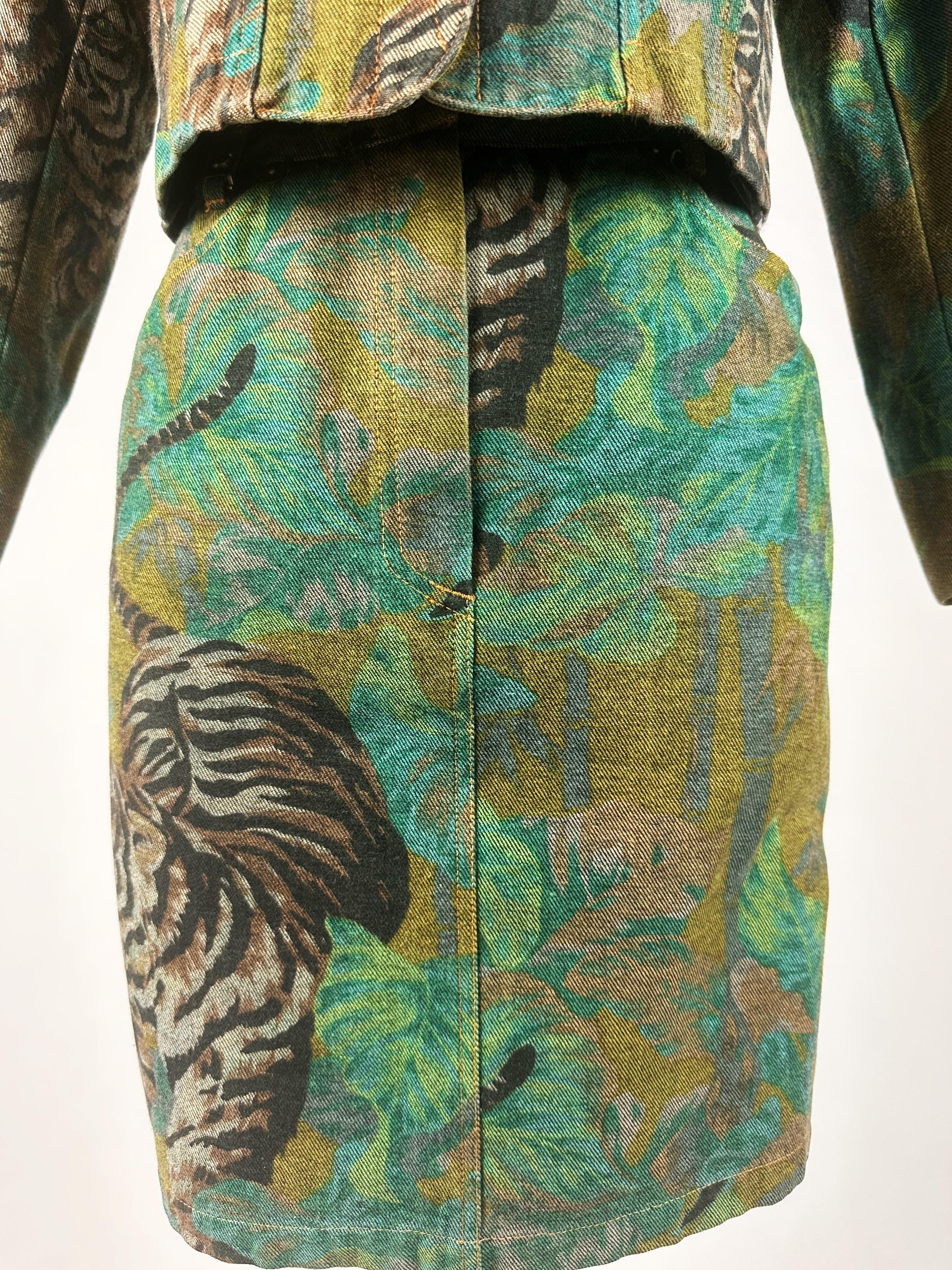 Women's Jacket and Skirt by Kenzo Takada, Jungle & Tiger Print on Denim - French C. 1990 For Sale
