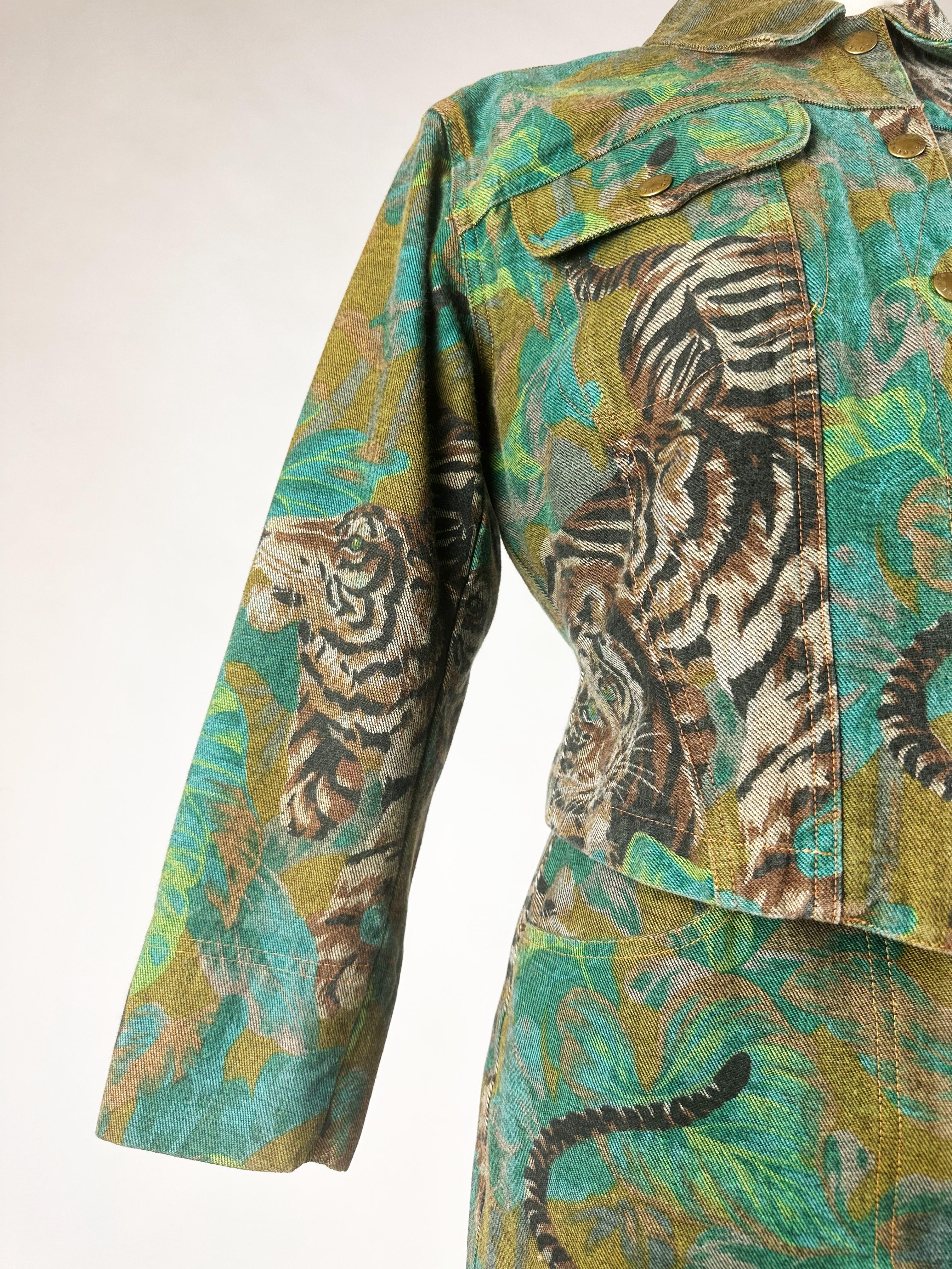 Jacket and Skirt by Kenzo Takada, Jungle & Tiger Print on Denim - French C. 1990 For Sale 2