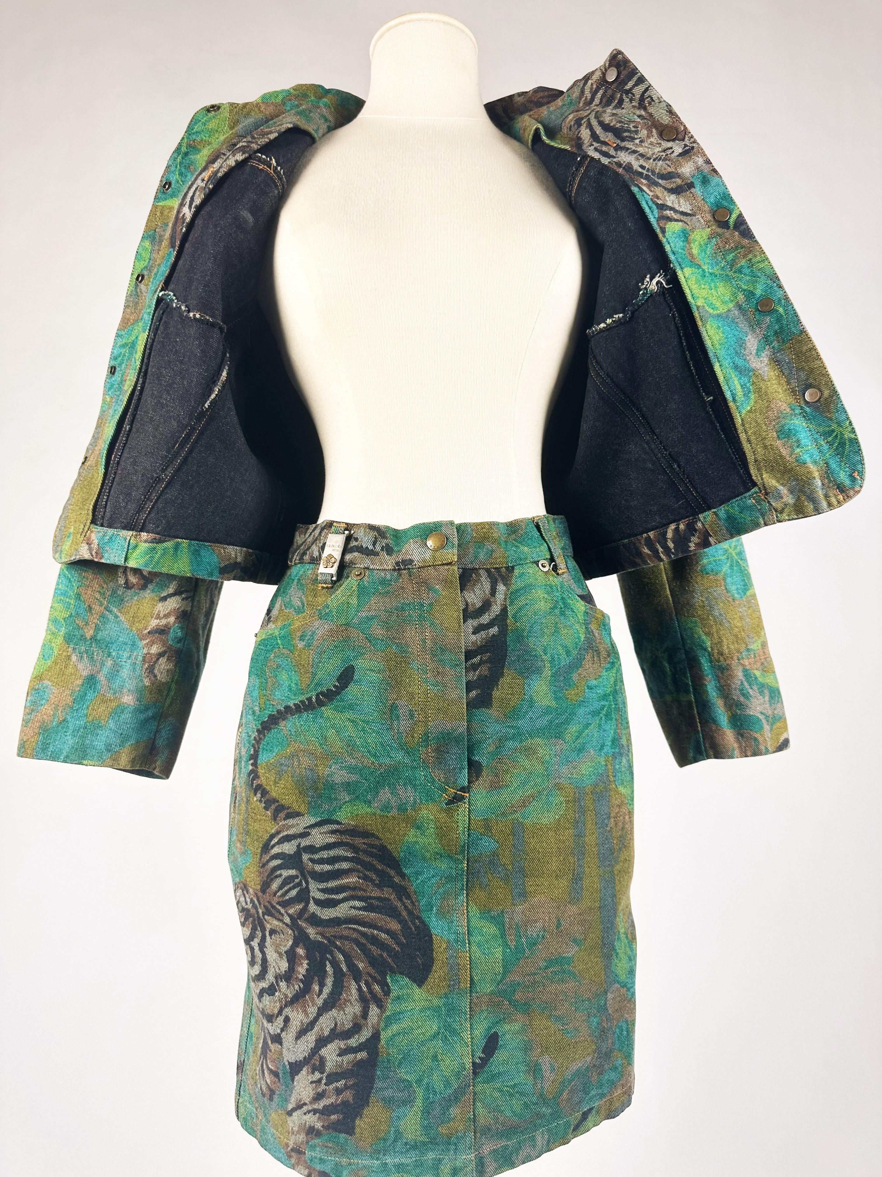 Jacket and Skirt by Kenzo Takada, Jungle & Tiger Print on Denim - French C. 1990 For Sale 4