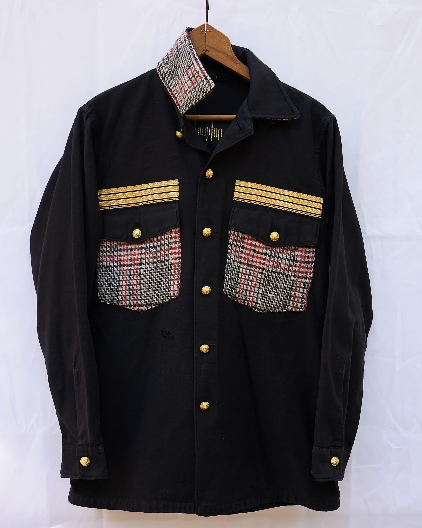 Designer Jacket Black Military Red White Black Tartan Wool Gold Braid J Dauphin In New Condition In Los Angeles, CA