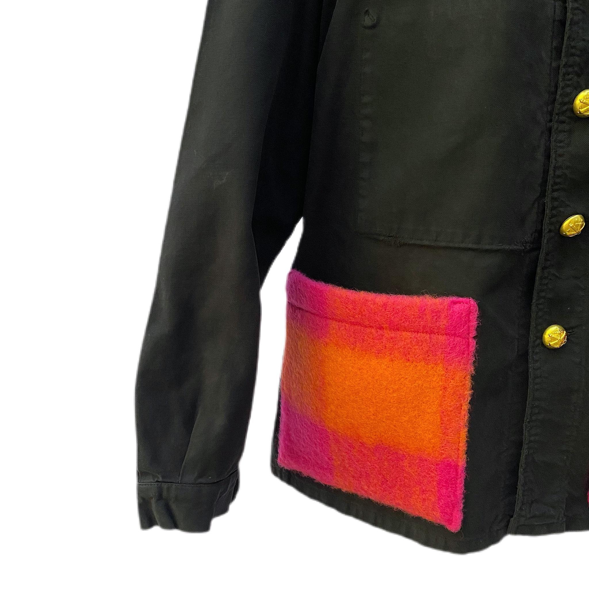 Jacket Black Orange Pink Gold Wool Pocket Gold Buttons J Dauphin In New Condition In Los Angeles, CA