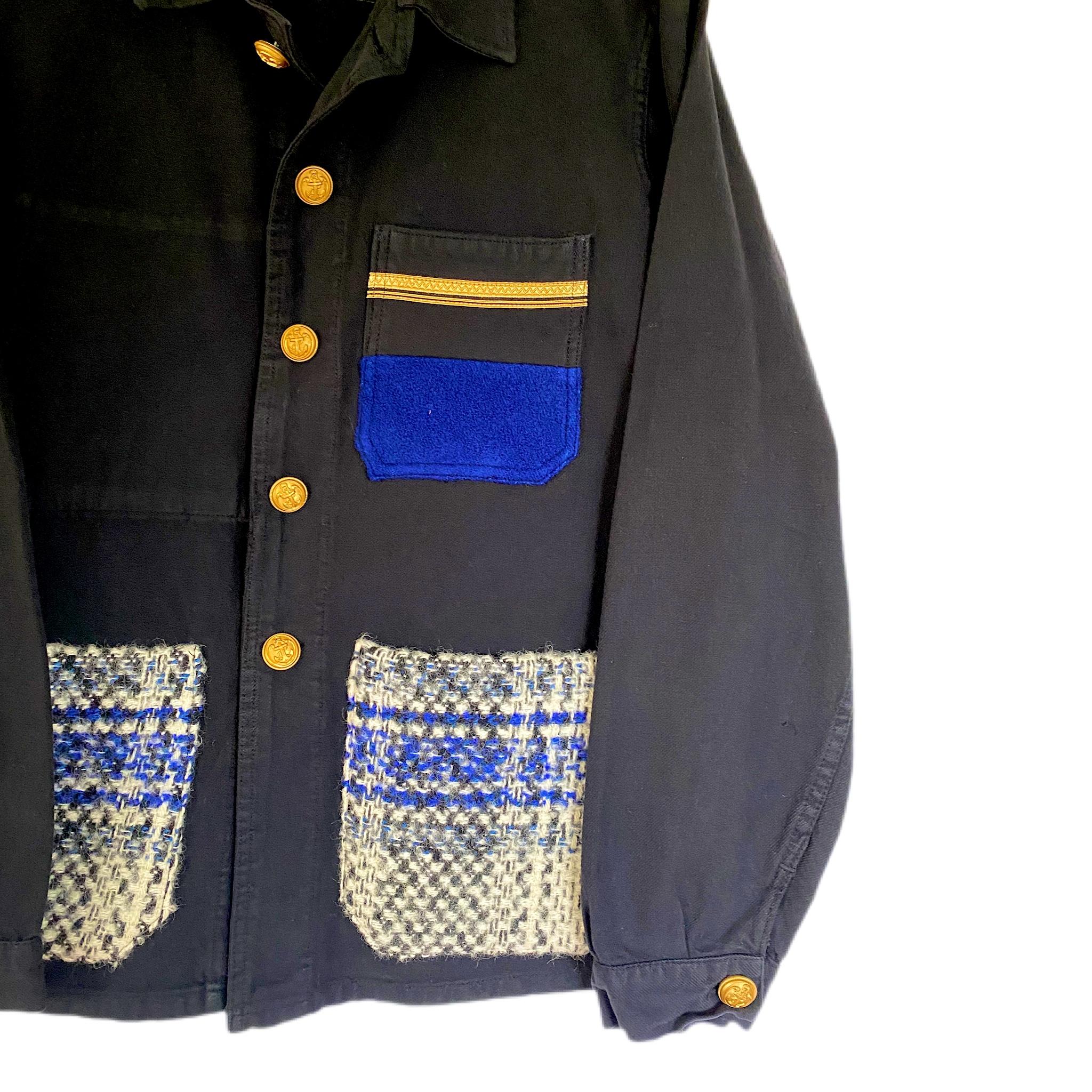 Jacket Black Wool Tartan Pockets Blue Cobalt White French Work Wear J Dauphin In New Condition In Los Angeles, CA