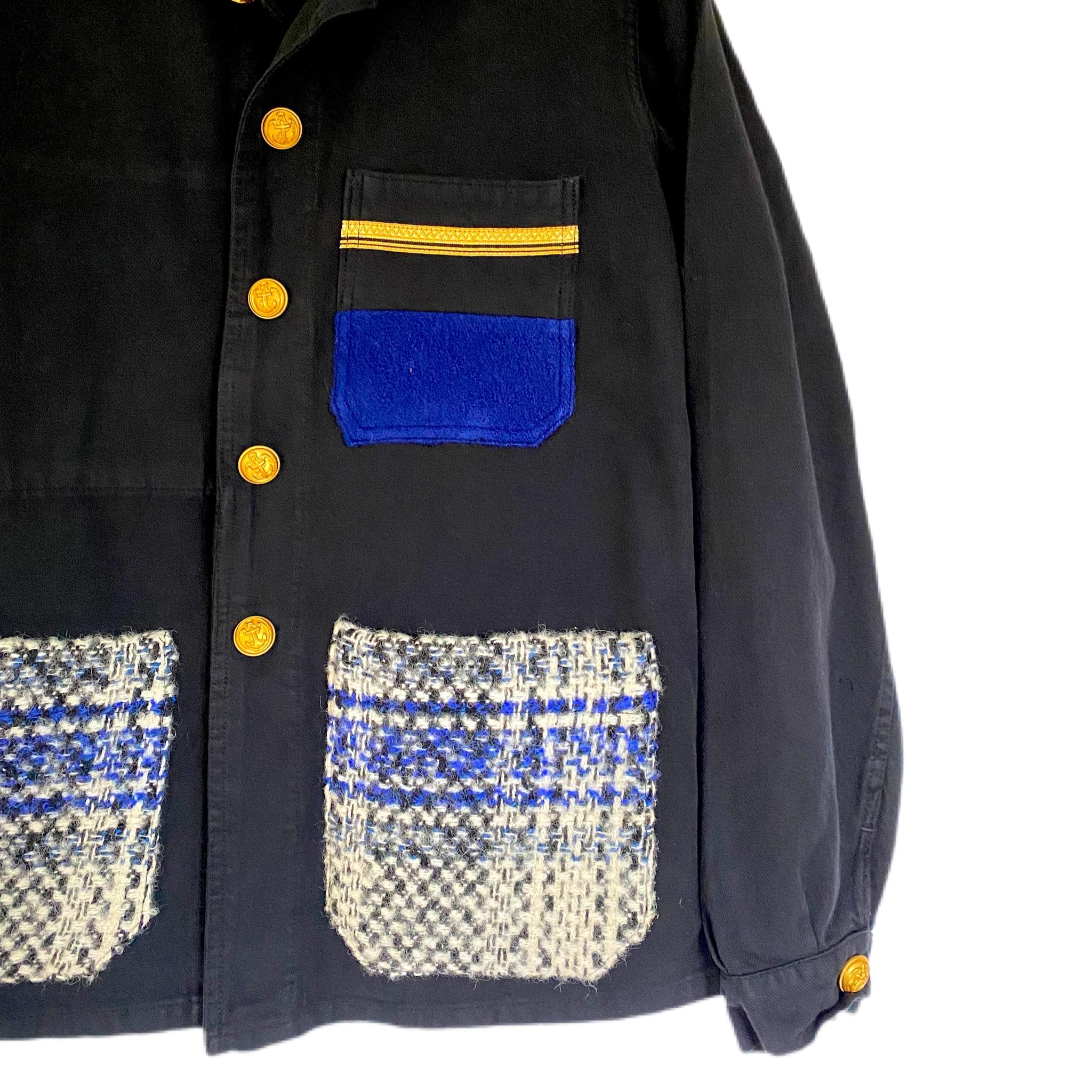 Women's Jacket Black Wool Tartan Pockets Blue Cobalt White French Work Wear J Dauphin