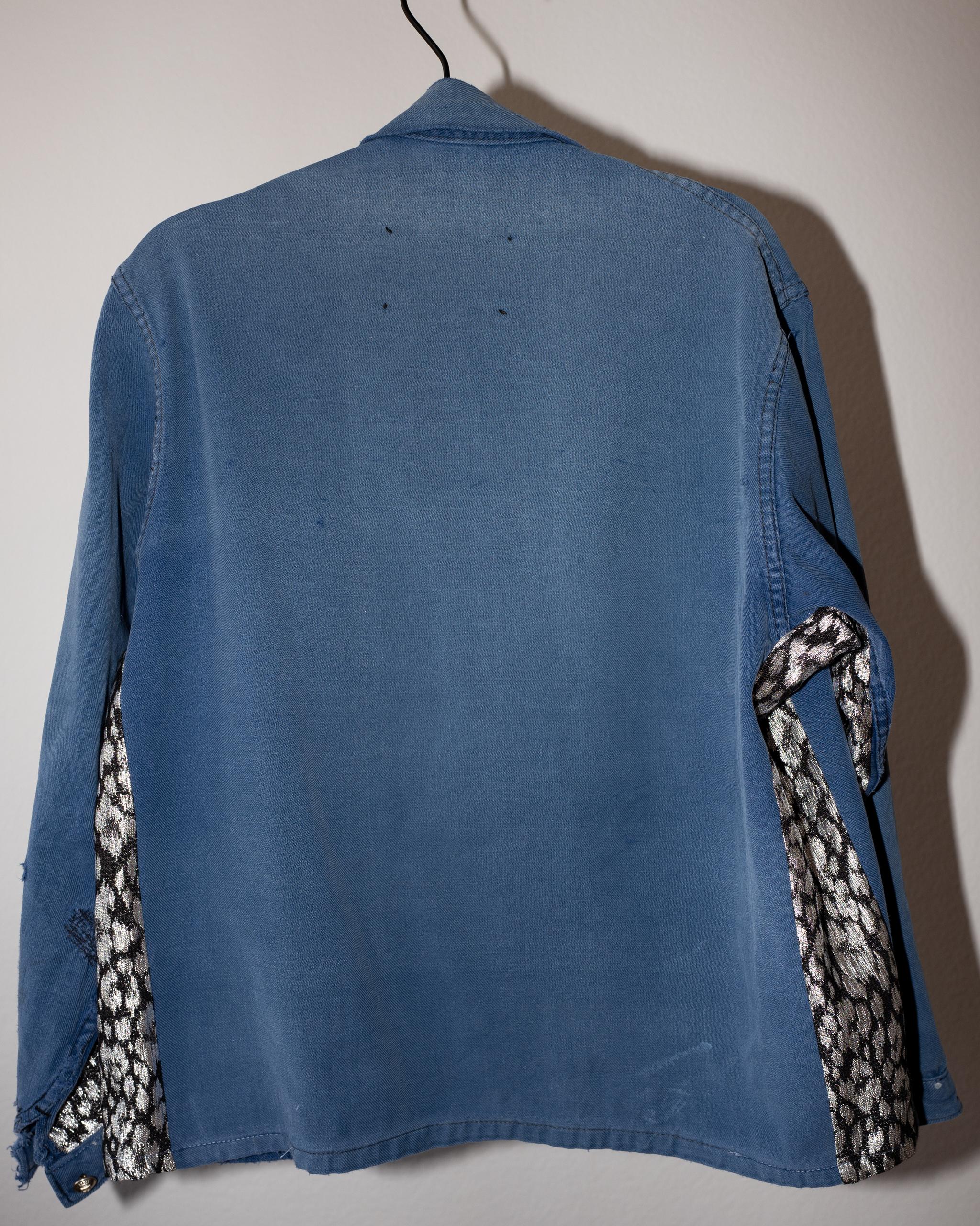 Women's Jacket Blue Distressed French Work Wear Cotton Silver Lurex Side Panels Chain