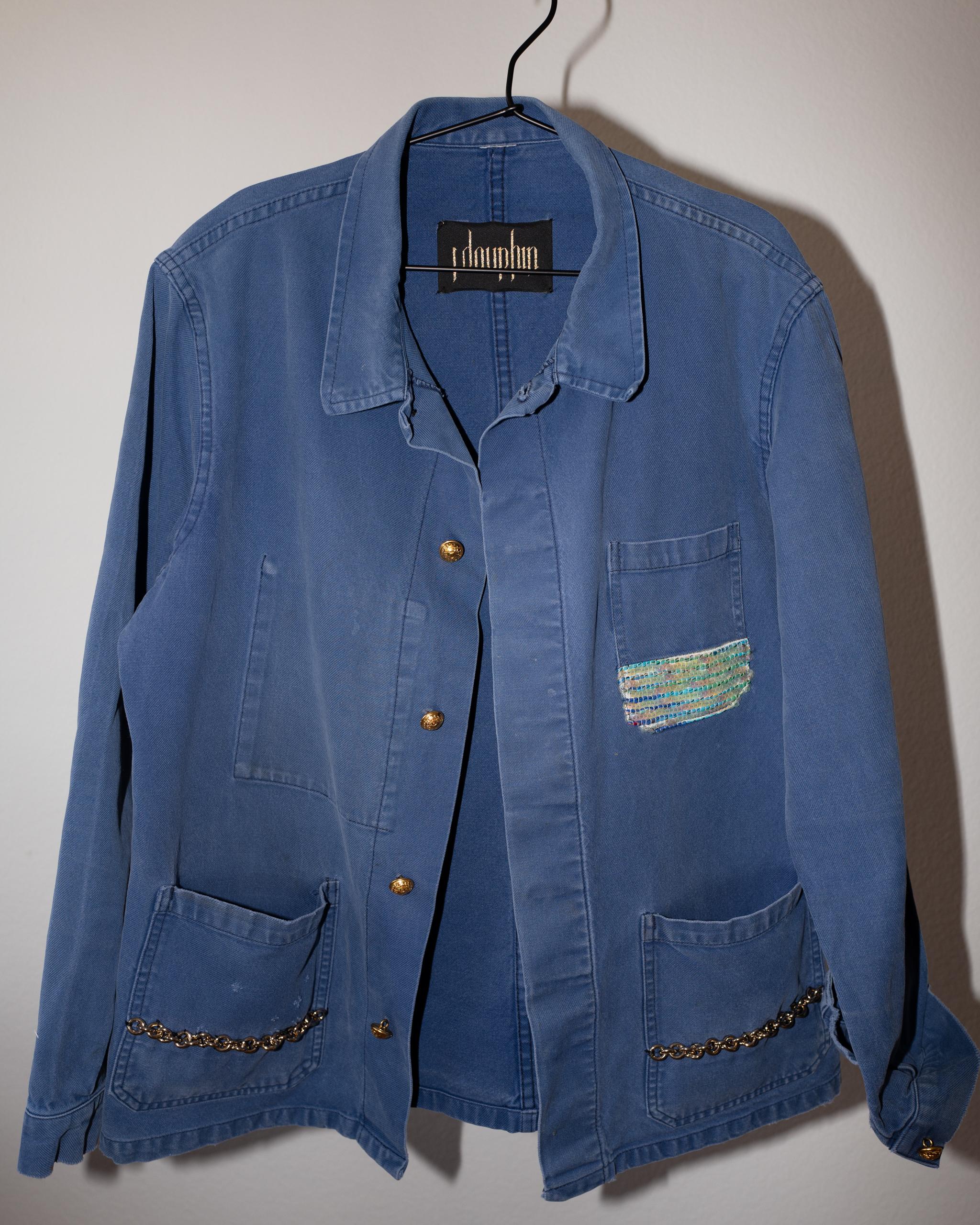 Women's Jacket Blue Distressed French Work Wear Pastel Sequin Pocket Chain Embellished