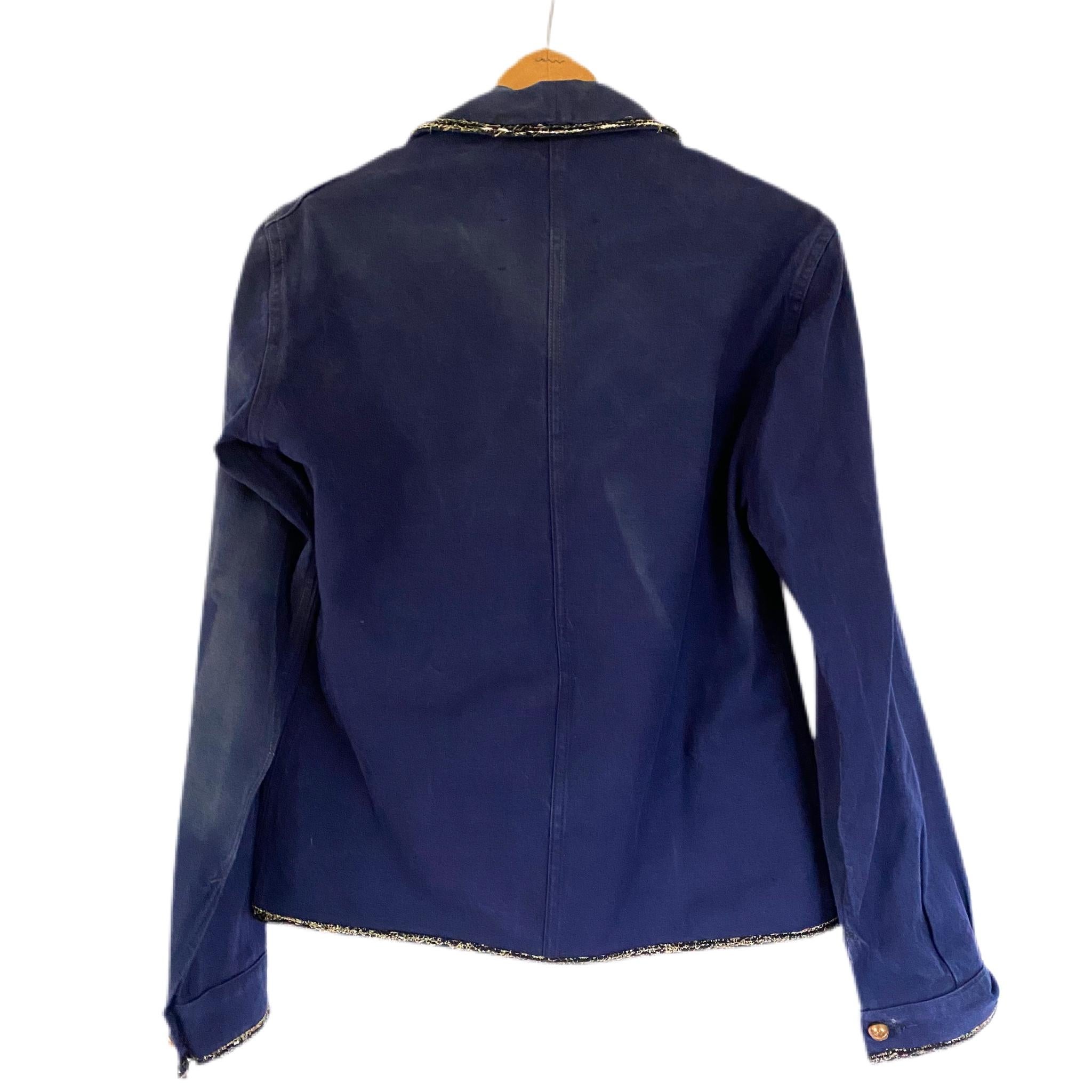 Vintage Jacket Blue French Workwear Black Gold Lurex Embellished J Dauphin In New Condition In Los Angeles, CA