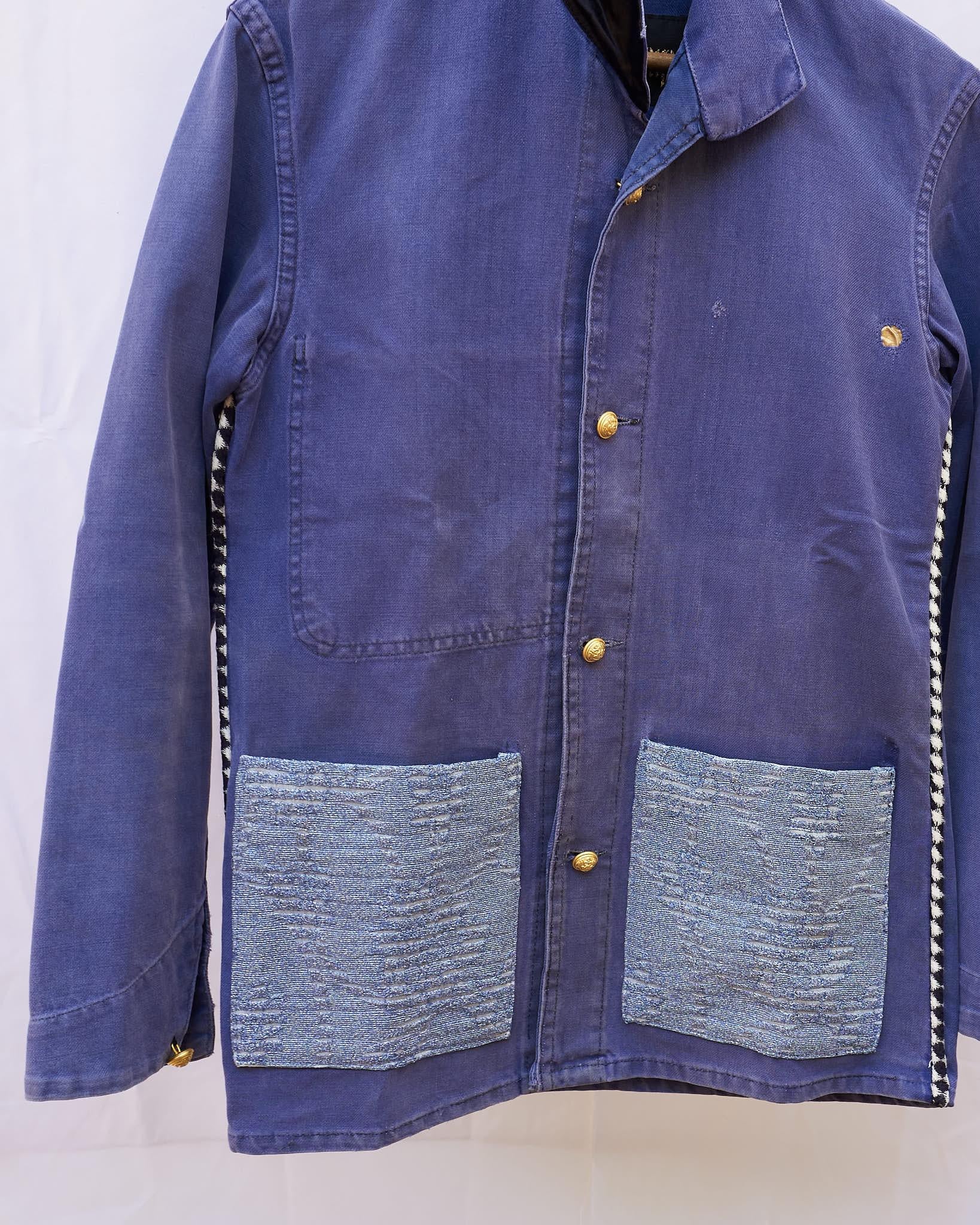 Jacket Blue French Workwear Distressed Glitter Blue Gold Buttons J Dauphin In New Condition In Los Angeles, CA