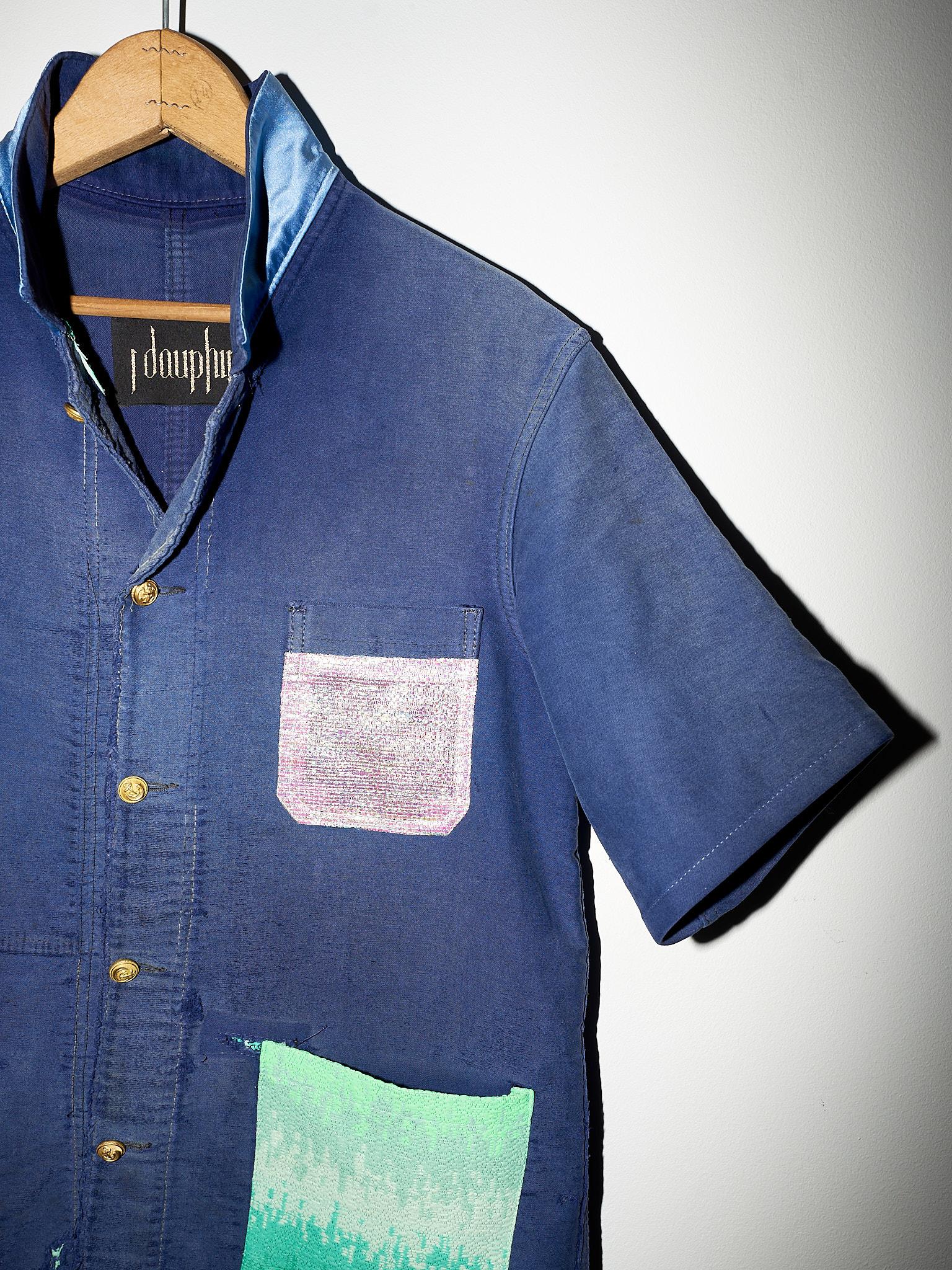 Jacket Blue Green Ombre Short Sleeve French Work Wear Tweed Medium J Dauphin In New Condition In Los Angeles, CA