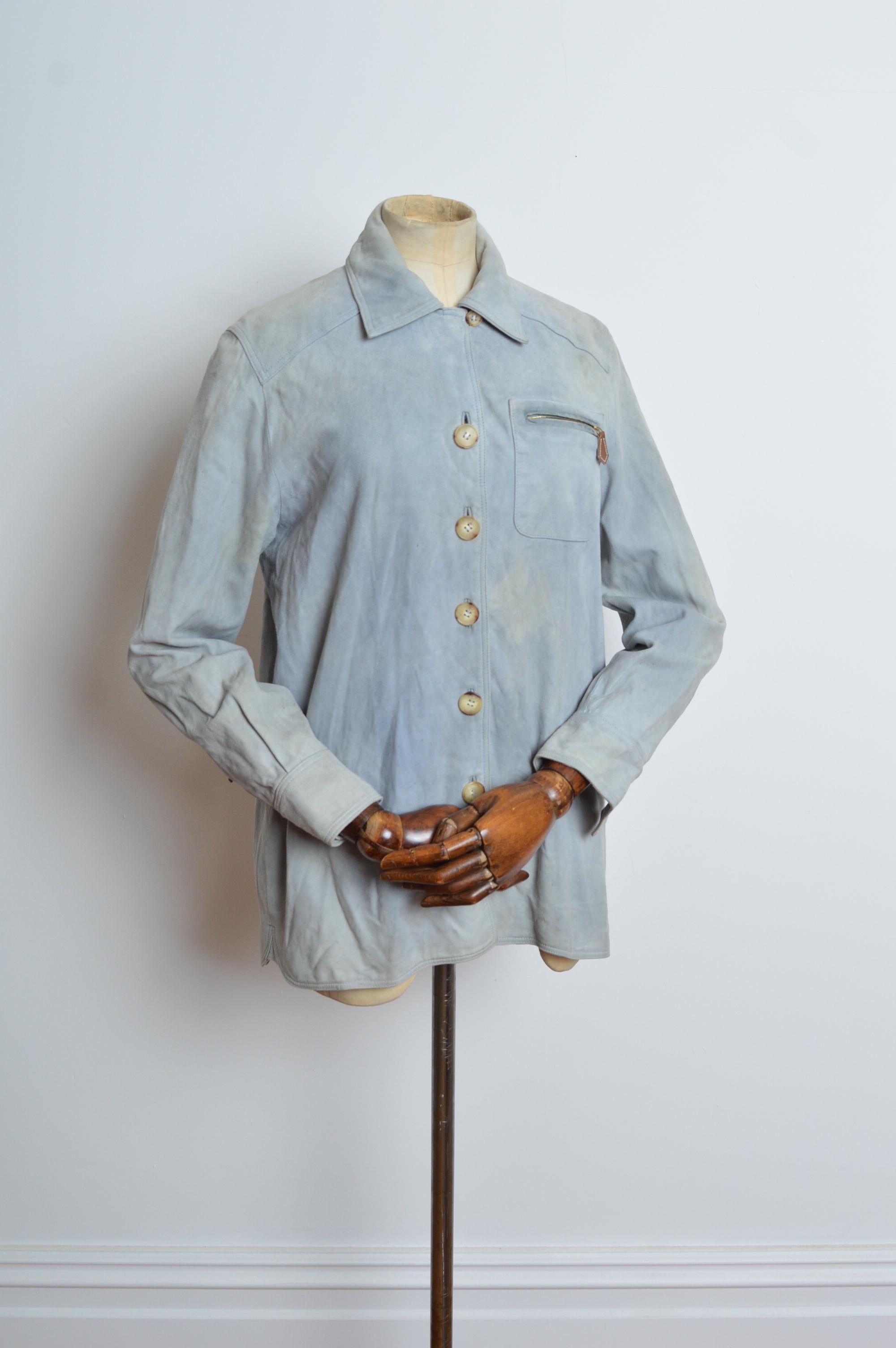 Women's Jacket by HERMÉS Shaket - Vintage Pale Blue Suede Over Shirt
