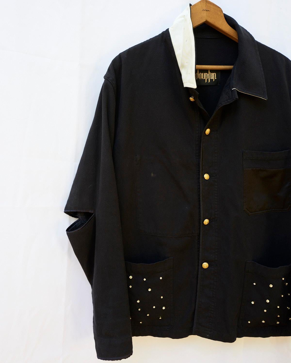 Jacket Crystal Distressed Soft French Work Black Embellished J Dauphin In New Condition In Los Angeles, CA