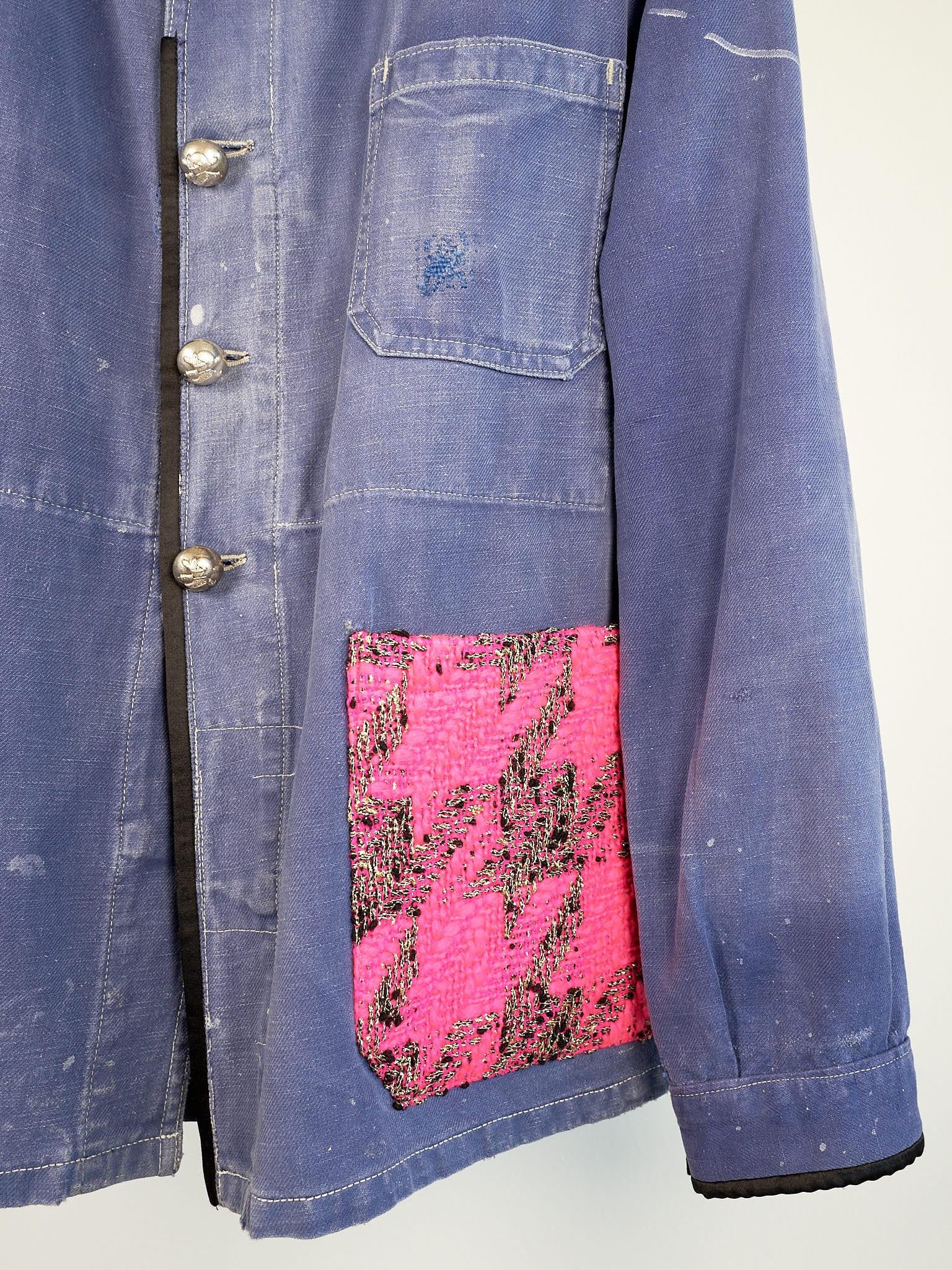 Repurposed Vintage Jacket French Blue Work Wear Neon Pink Tweed Small In New Condition In Los Angeles, CA