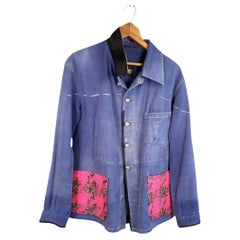 Repurposed Vintage Jacket French Blue Work Wear Neon Pink Tweed Small