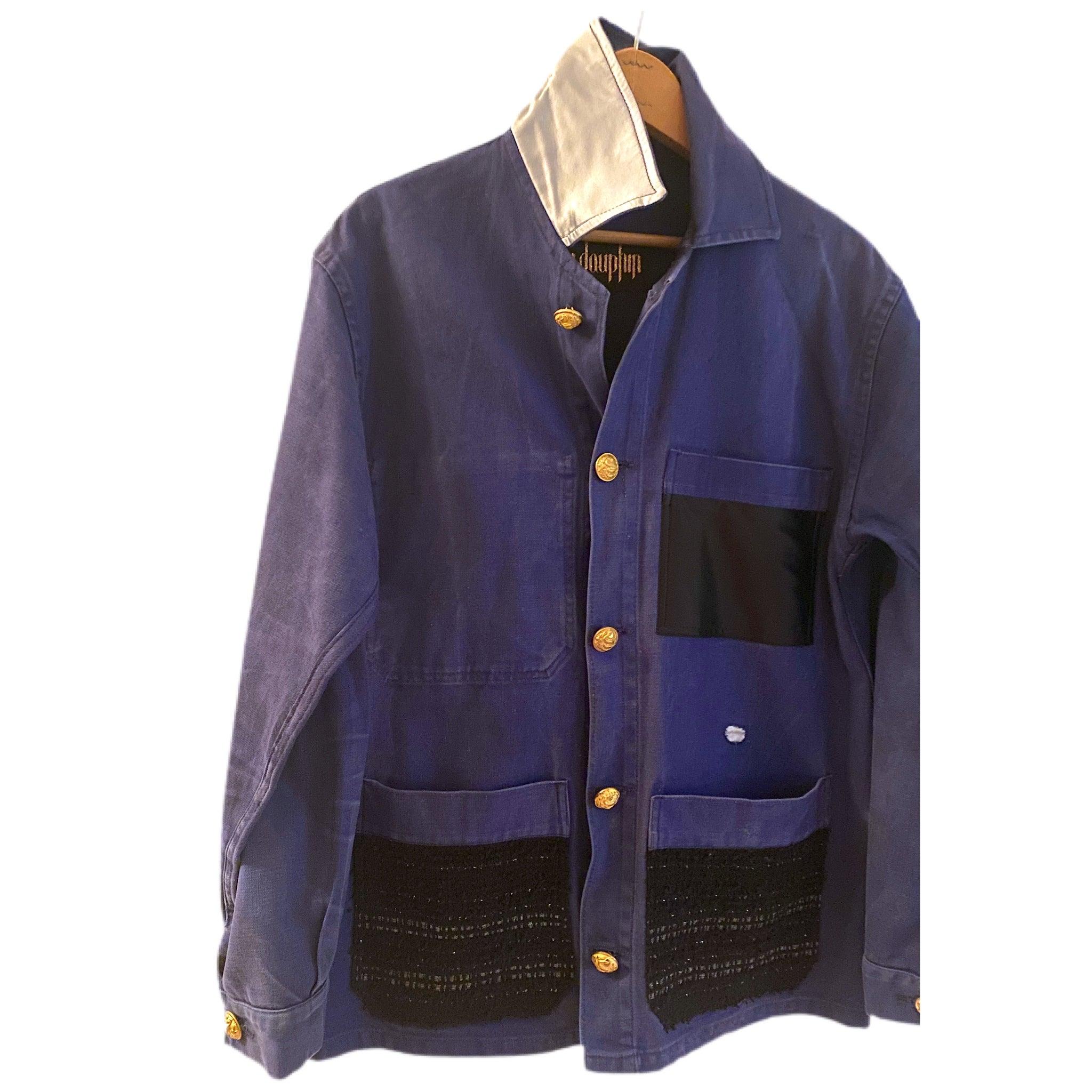 Women's Jacket French Work Wear Blue Embellished Black Tweed J Dauphin