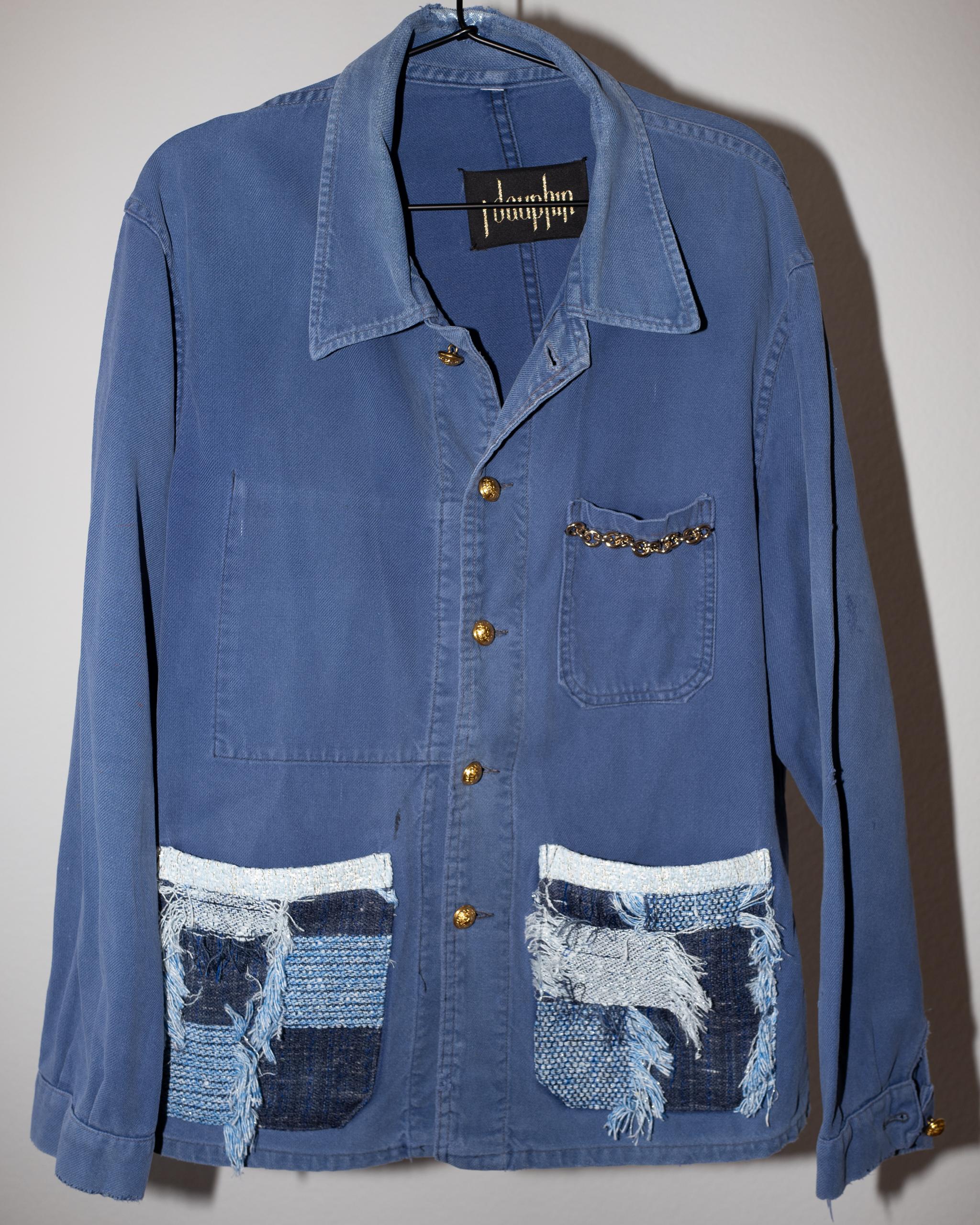 Jacke mit Fransen und Patchwork-Kette verschönert in Blau Distressed  Arbeitskleidung Baumwolle Damen