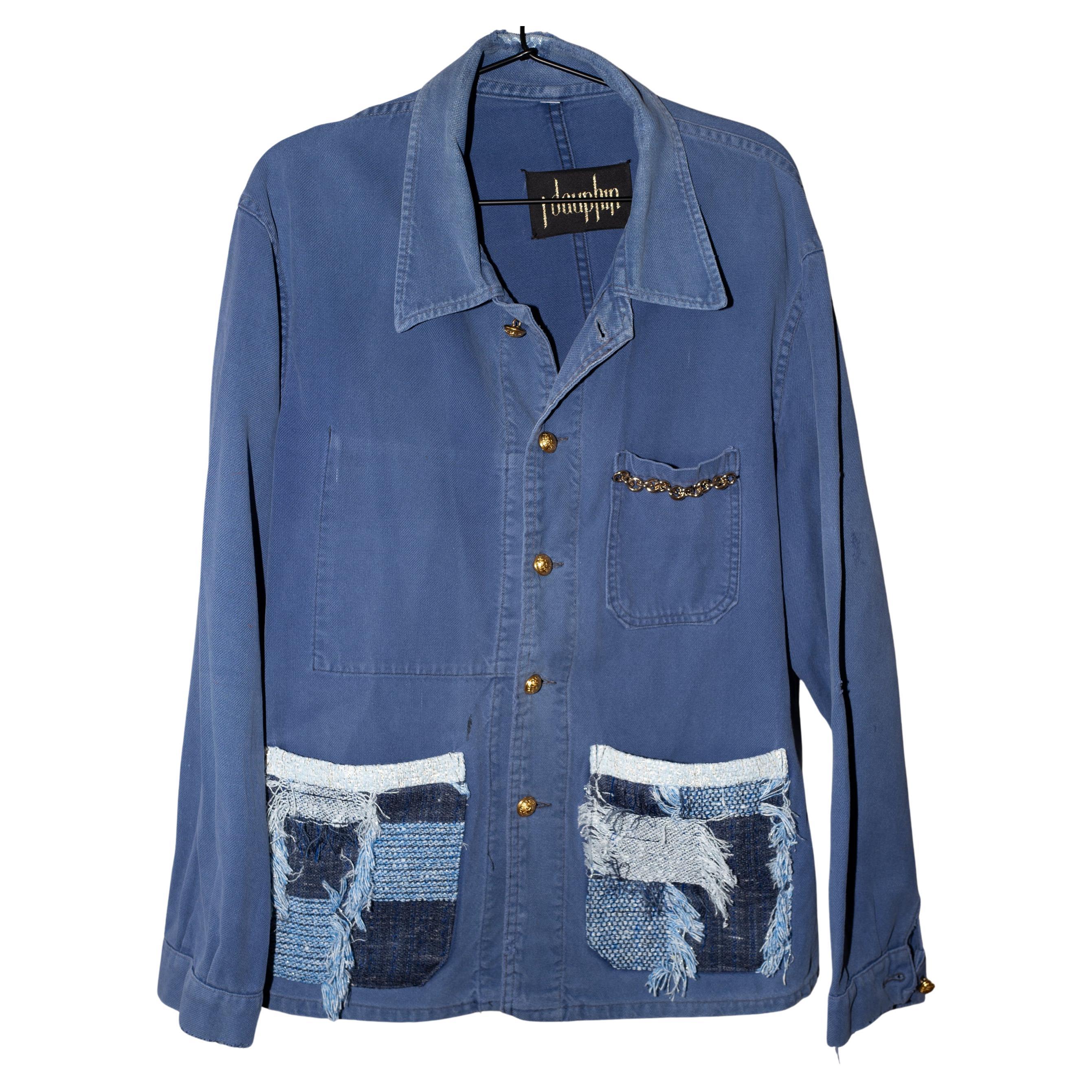Jacke mit Fransen und Patchwork-Kette verschönert in Blau Distressed  Arbeitskleidung Baumwolle