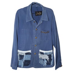 Jacket Fringe Tweed Chain Embellished Blue Distressed French Work Wear Cotton
