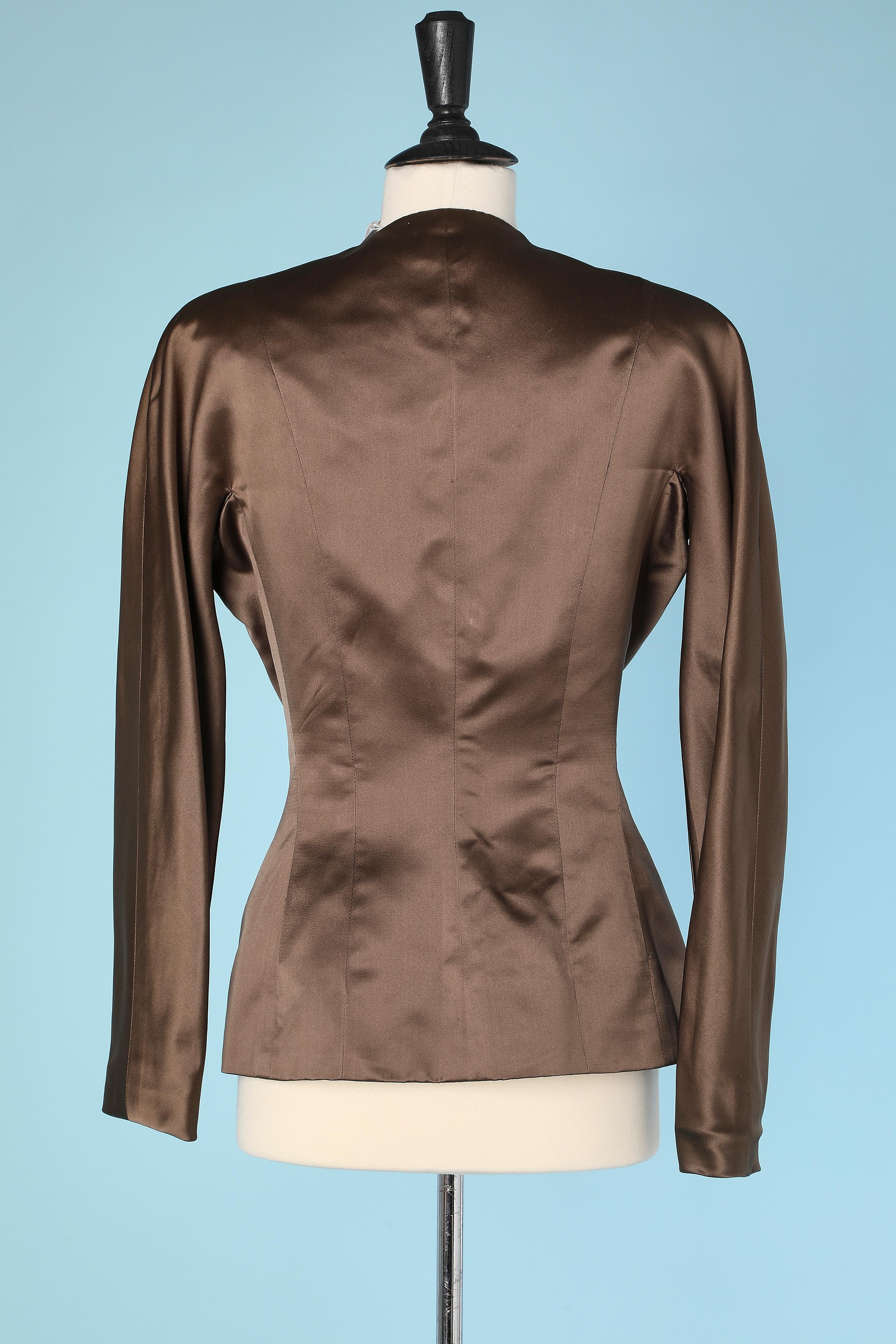 Brown Jacket in glossy brown satin with string plastron Attributed to Lecoanet Hémant  For Sale
