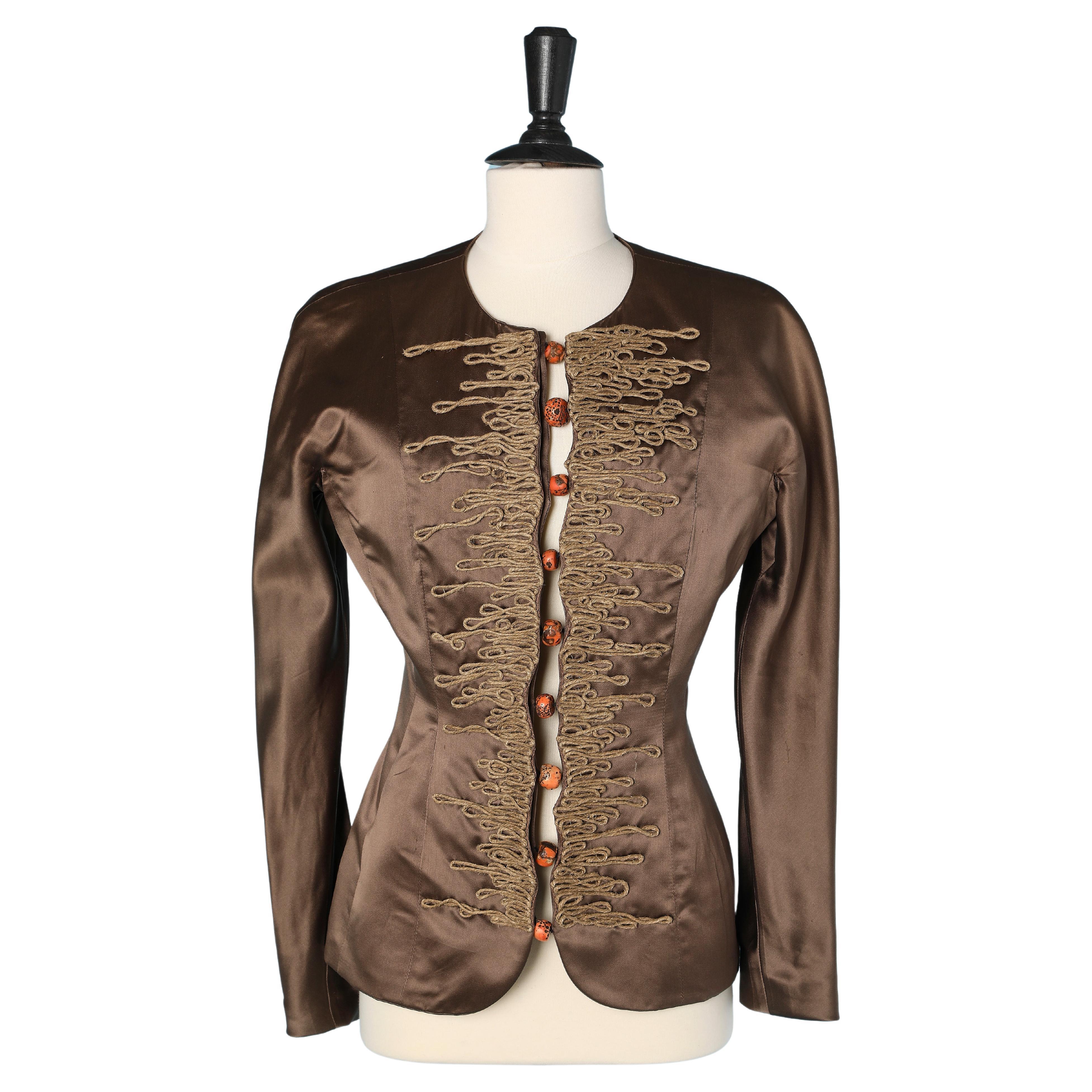 Jacket in glossy brown satin with string plastron Attributed to Lecoanet Hémant  For Sale