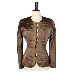 Vintage Jacket in glossy brown satin with string plastron Attributed to Lecoanet Hémant 