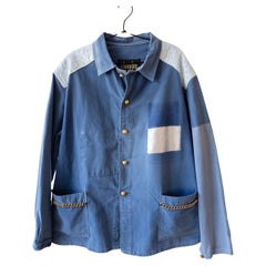 Jacke aus Seidenbrokat mit Kette verschönert in Blau, Distressed French Work Wear Baumwolle