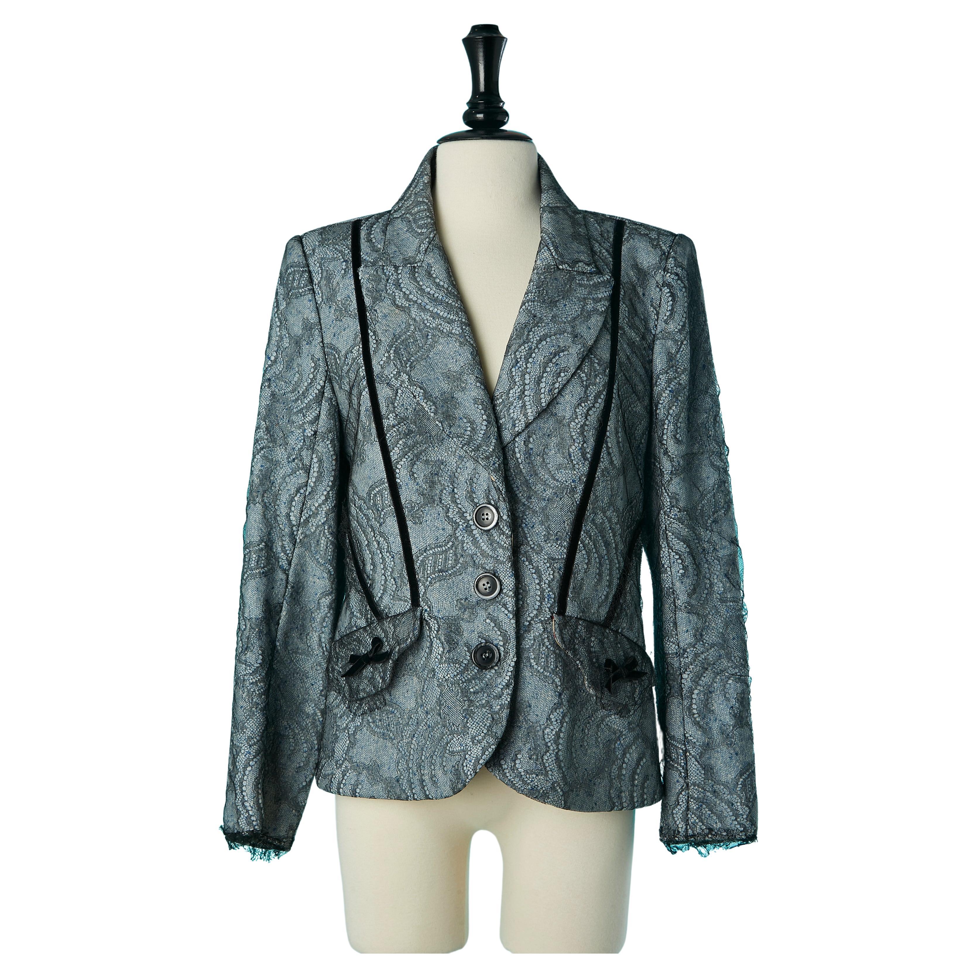 Jacket with overlay of lace on top of wool chiné lay Christian Lacroix  For Sale