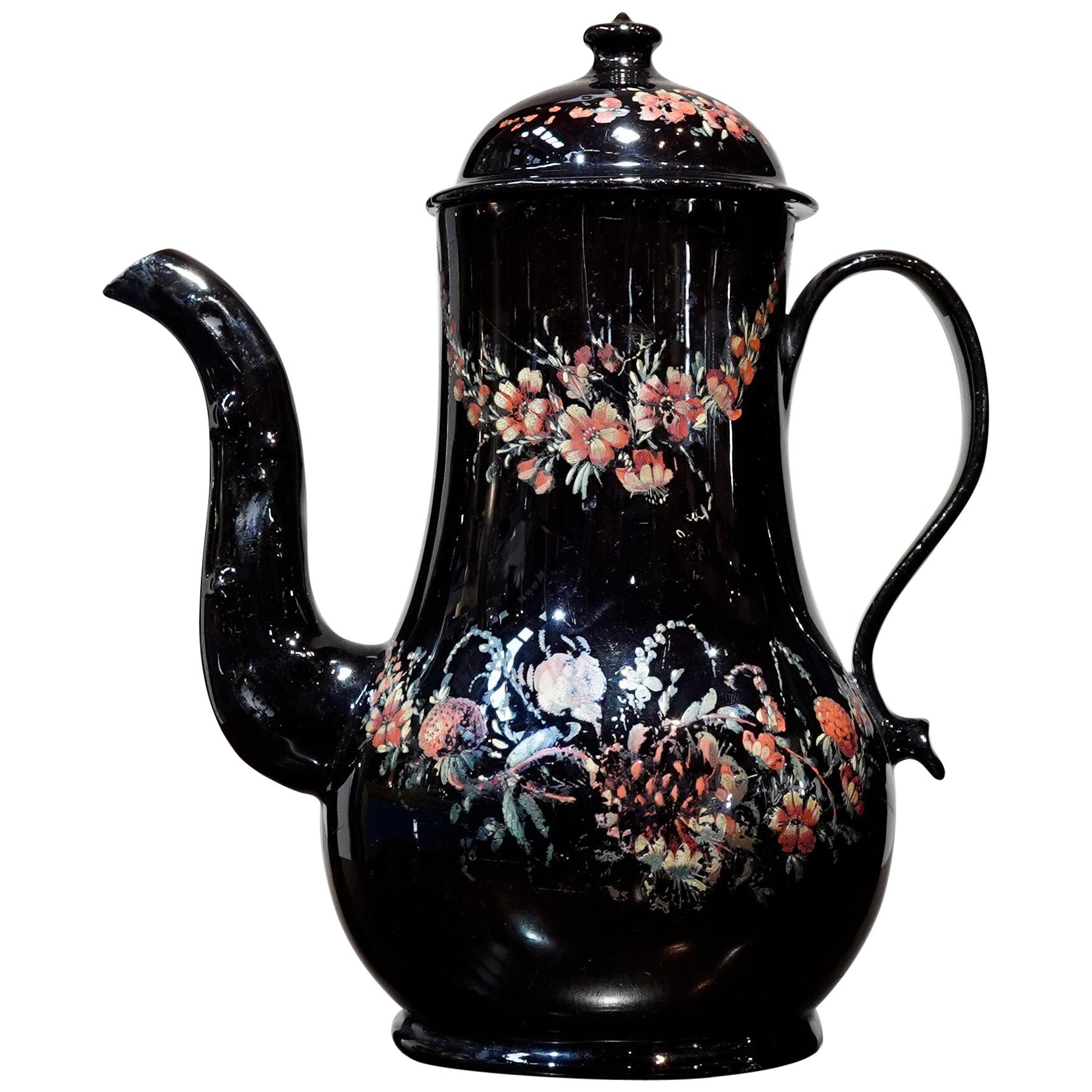 Jackfield Coffee Pot, Swags of Fruit and Flowers Onglaze, circa 1765 For Sale