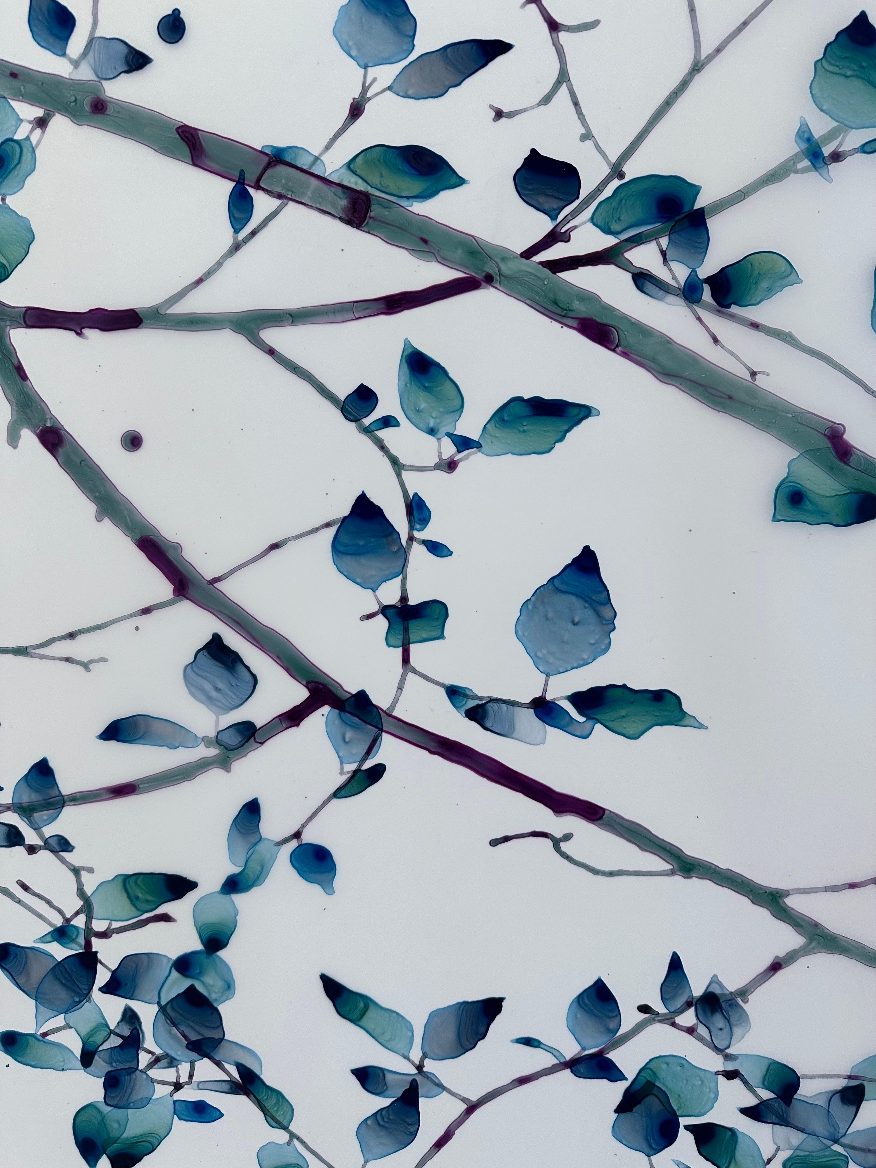 All A Drift, Teal Blue, Dark Violet Botanical Tree Branches on Mylar - Contemporary Painting by Jackie Battenfield