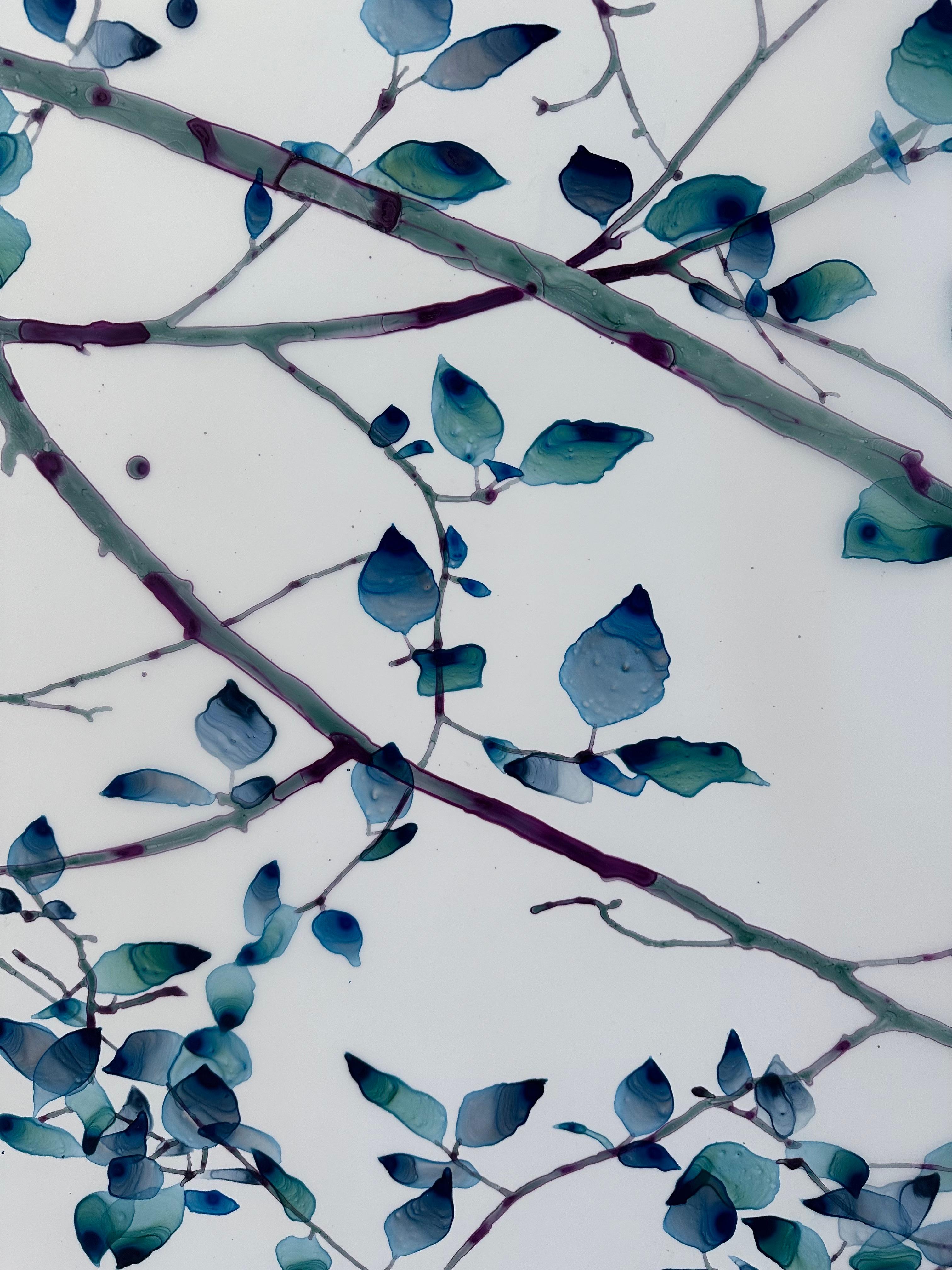 Layers of foliage in shades of teal blue and dark violet with little clusters of bright pink flowers grace grayish violet branches on the pristine white background of this horizontal painting in acrylic on Mylar.

Battenfield's works on Mylar
