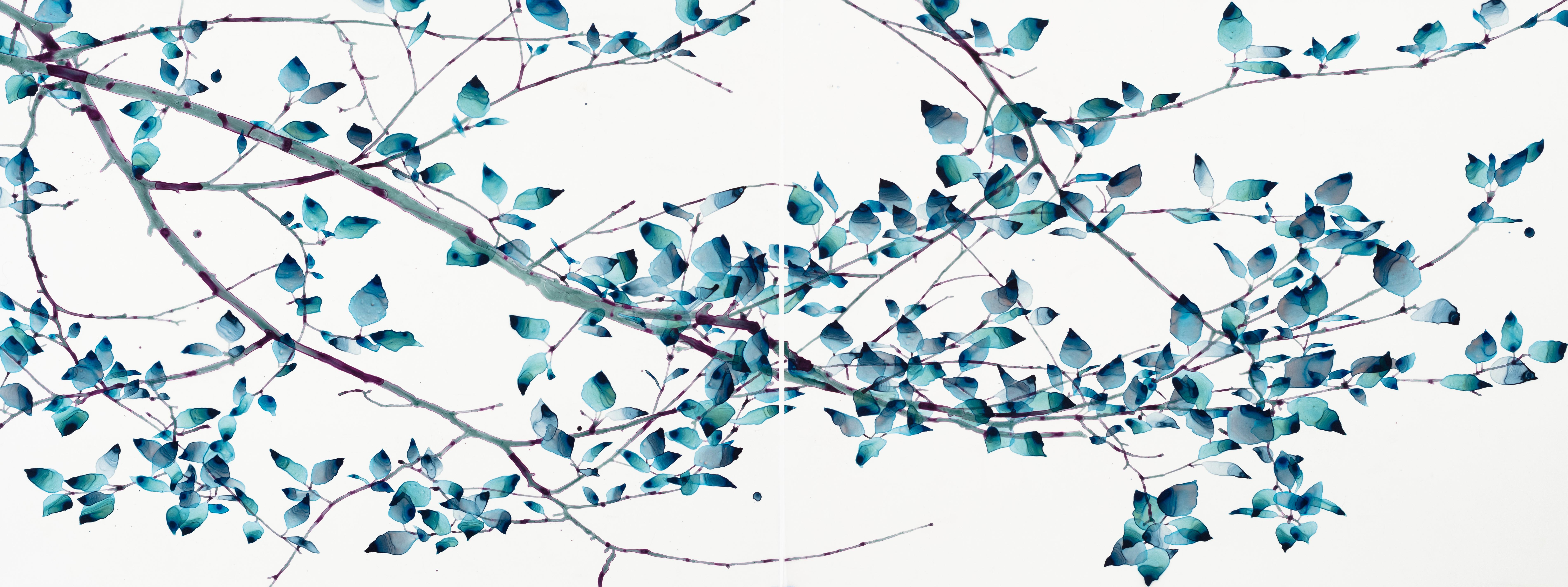 All A Drift, Teal Blue, Dark Violet Botanical Tree Branches on Mylar - Painting by Jackie Battenfield
