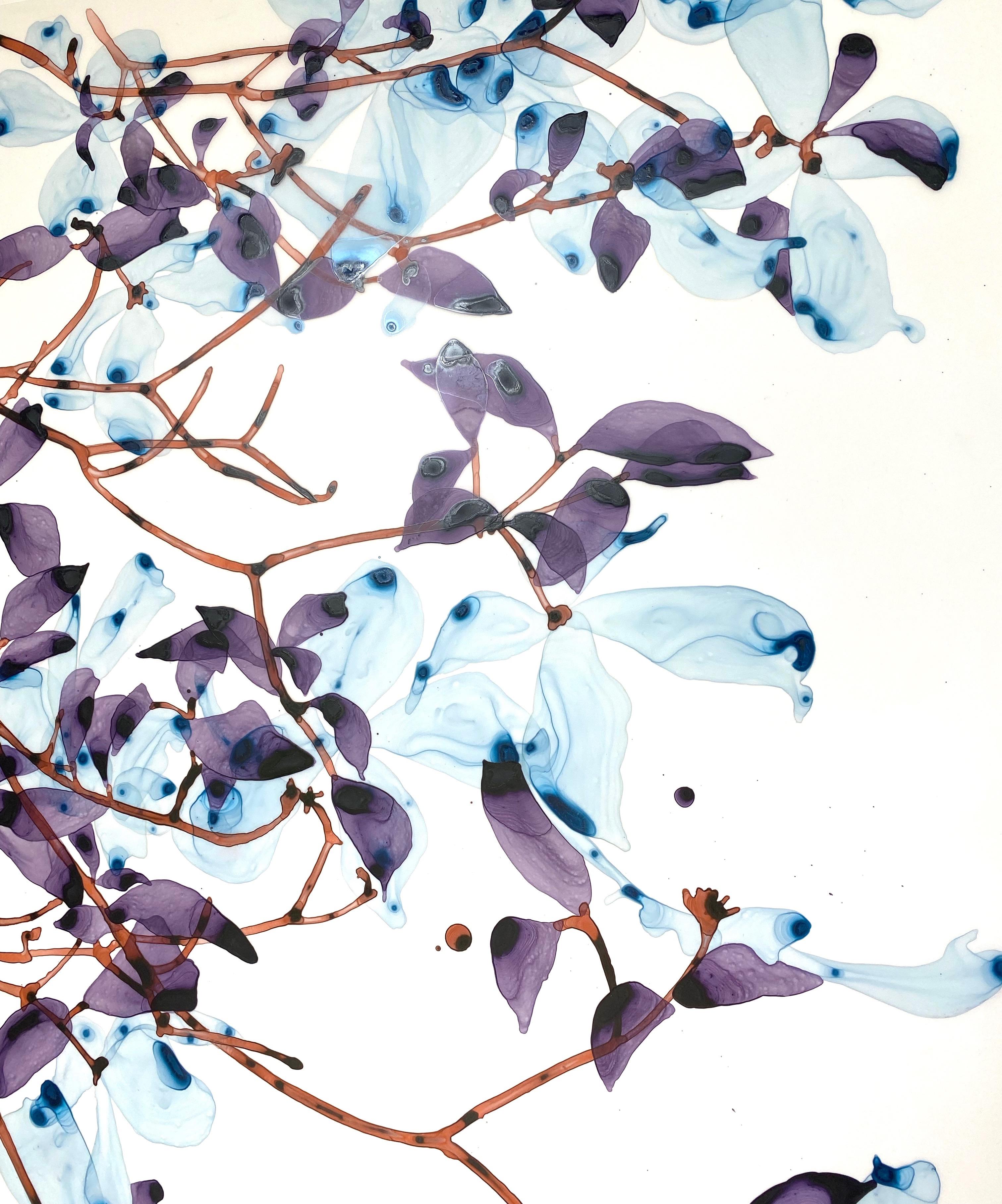 April Frost Cs1, Violet, Pale Blue Leaves Botanical, Brown Tree Branches - Contemporary Painting by Jackie Battenfield