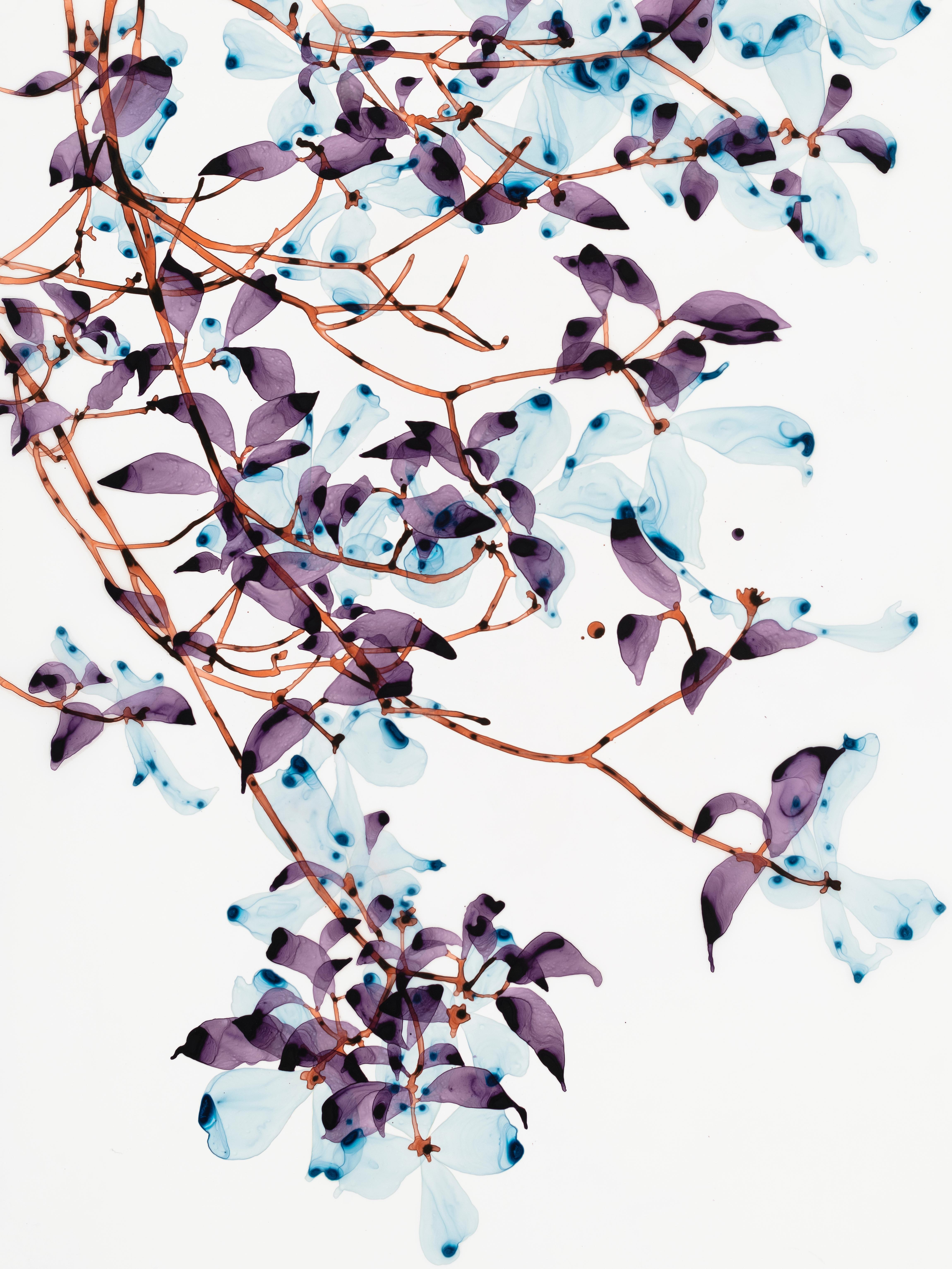 April Frost Cs1, Violet, Pale Blue Leaves Botanical, Brown Tree Branches - Painting by Jackie Battenfield