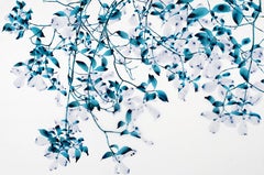 April Moon, Teal Blue, Navy Cobalt, Gray Tree Botanical Painting On White Mylar